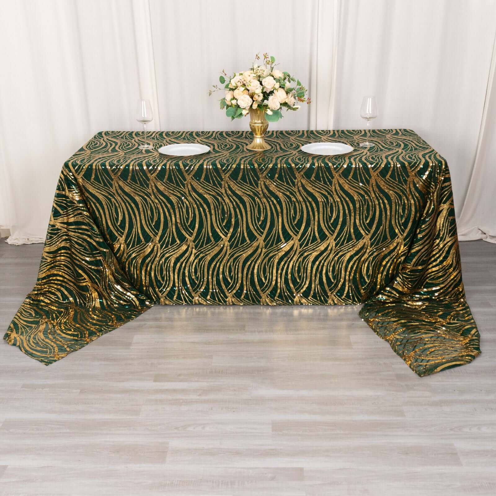 Mesh Rectangle Tablecloth 90"x156" Hunter Emerald Green Gold - Wave Embroidered Sequin Table Cover - Image 4