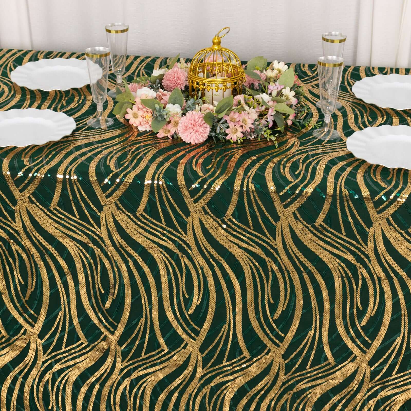 Mesh Rectangle Tablecloth 90"x156" Hunter Emerald Green Gold - Wave Embroidered Sequin Table Cover - Image 5