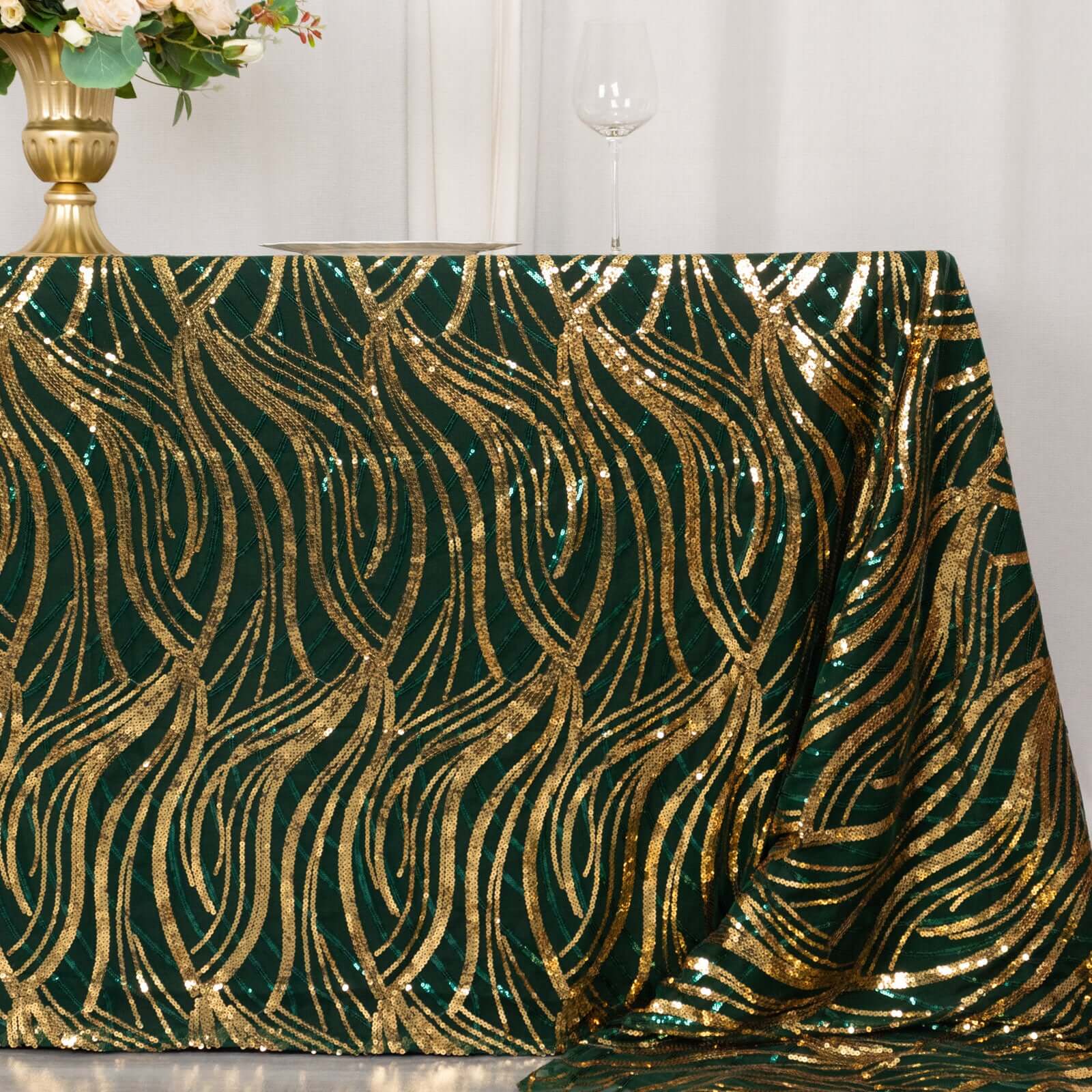 Mesh Rectangle Tablecloth 90"x156" Hunter Emerald Green Gold - Wave Embroidered Sequin Table Cover - Image 7