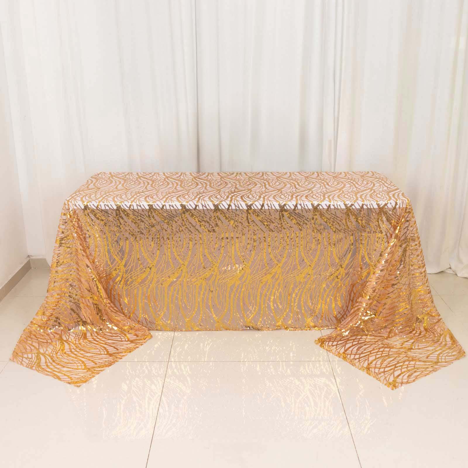 Mesh Rectangle Tablecloth 90"x156" Rose Gold/Gold - Wave Embroidered Sequin Table Cover
