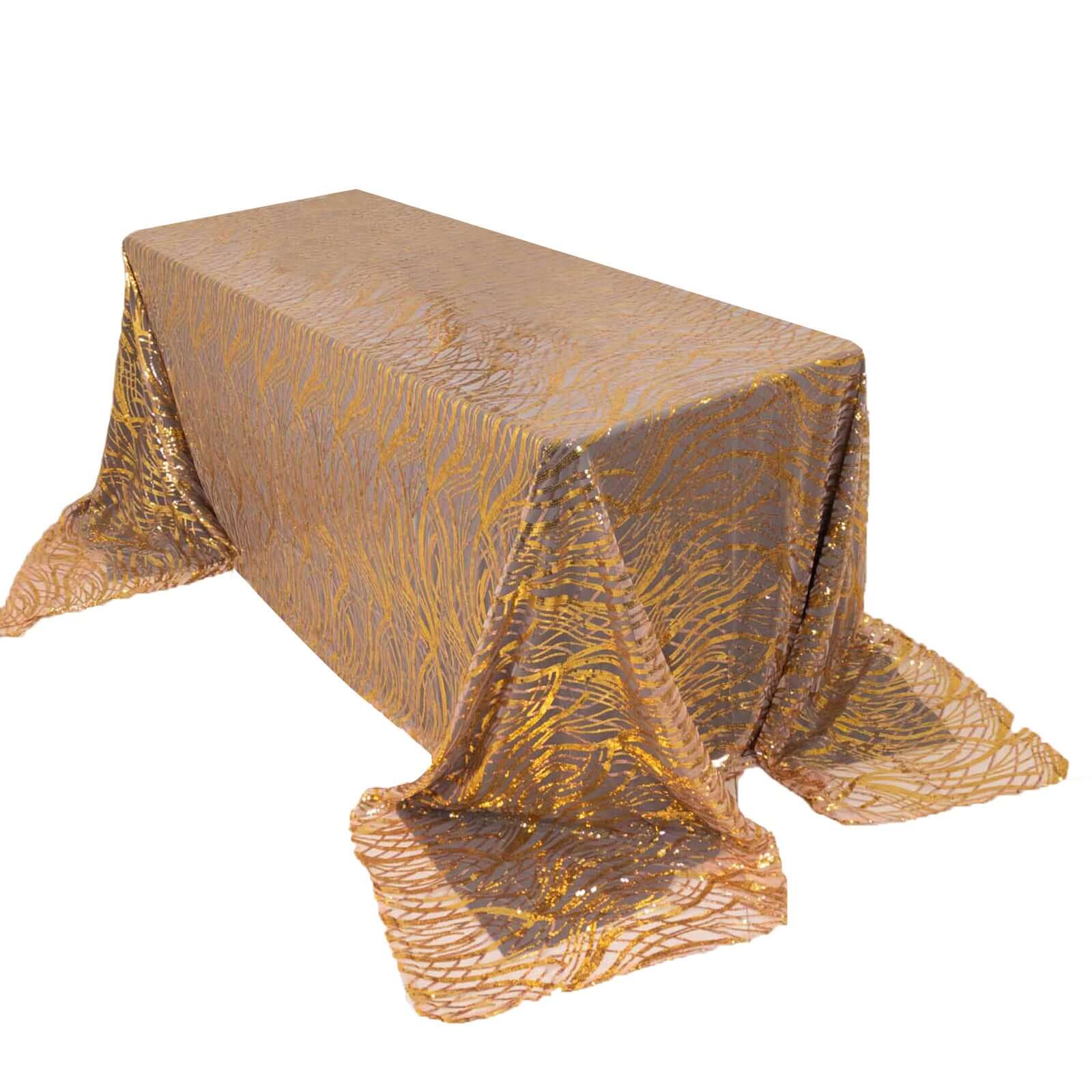 Mesh Rectangle Tablecloth 90"x156" Rose Gold/Gold - Wave Embroidered Sequin Table Cover - Image 11