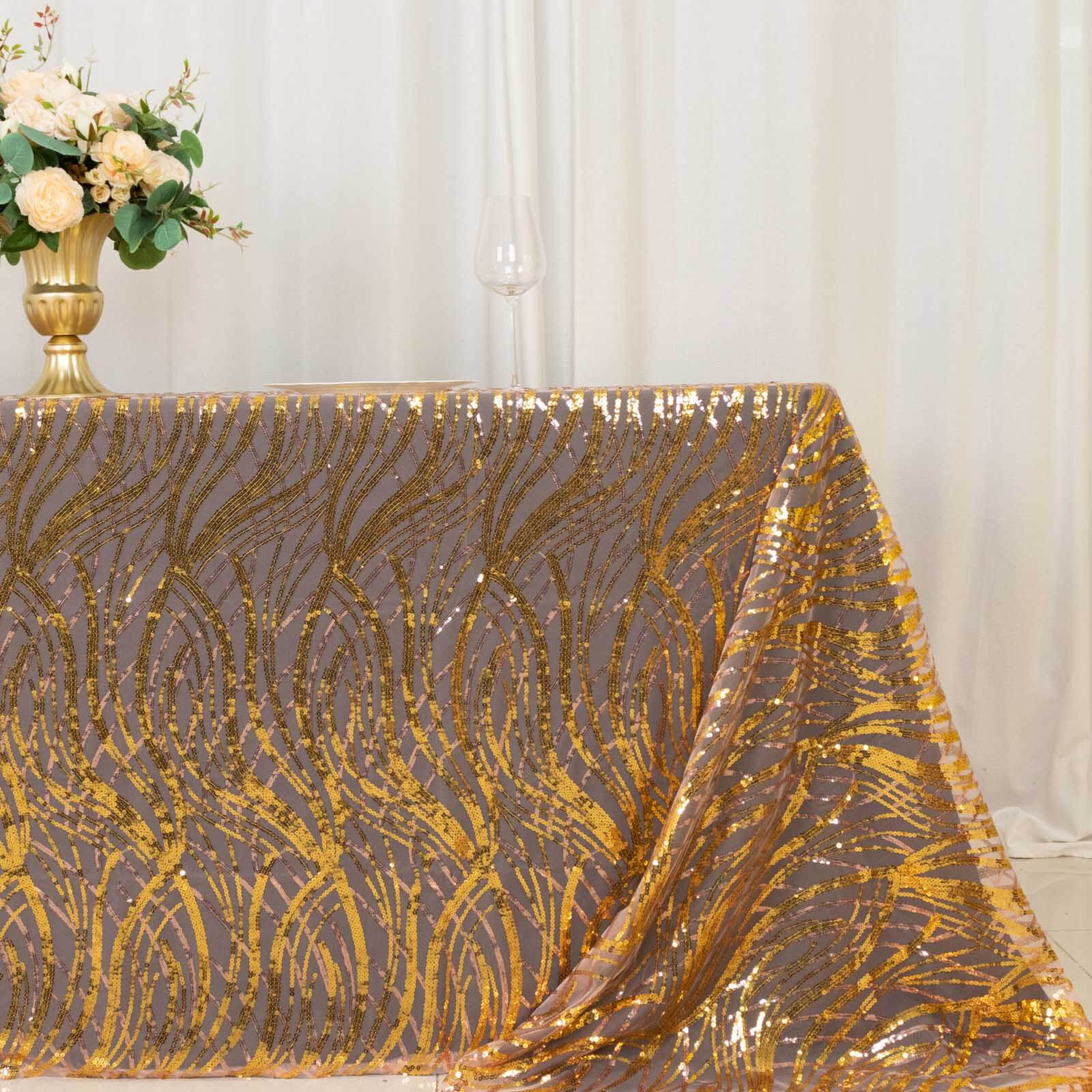 Mesh Rectangle Tablecloth 90"x156" Rose Gold/Gold - Wave Embroidered Sequin Table Cover - Image 12