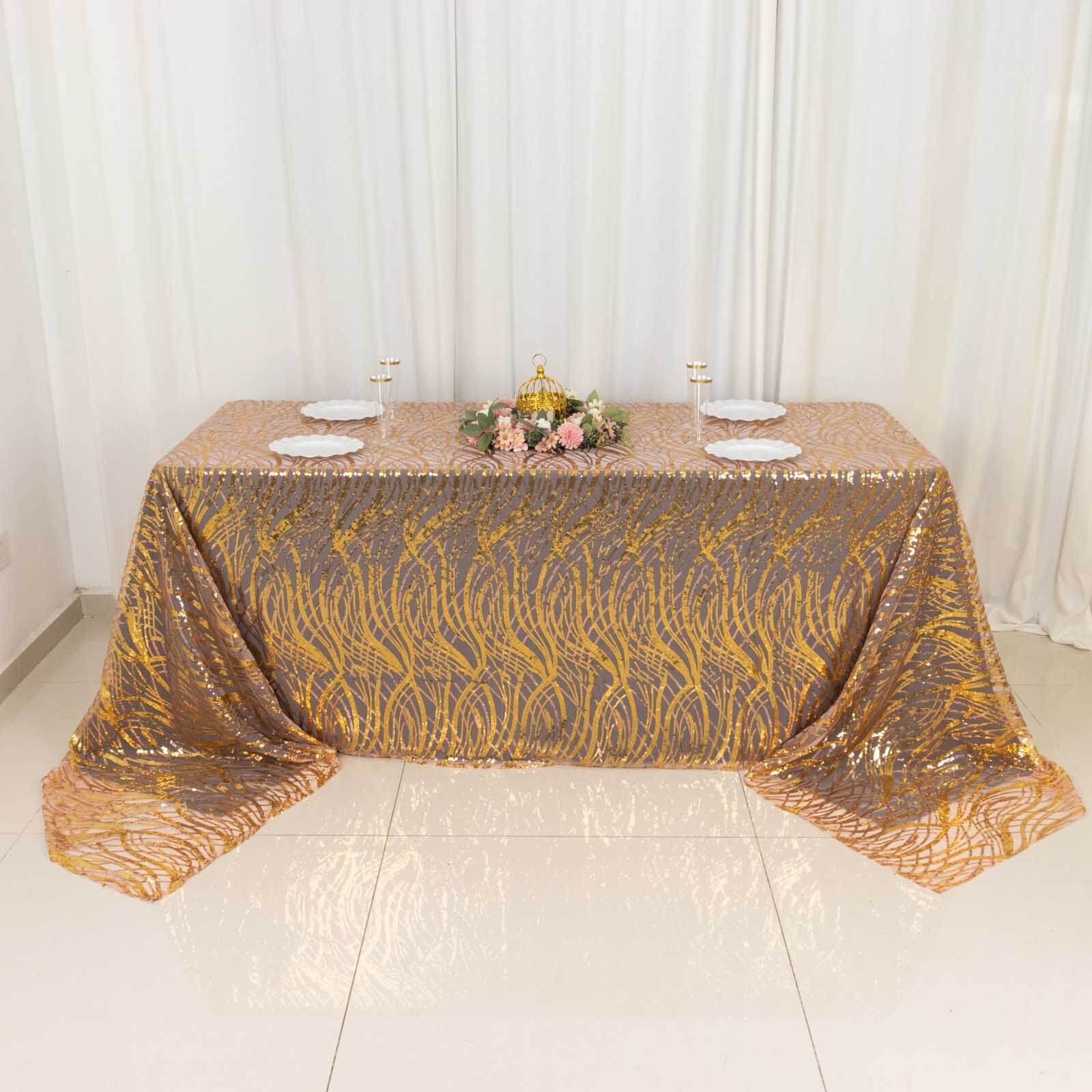 Mesh Rectangle Tablecloth 90"x156" Rose Gold/Gold - Wave Embroidered Sequin Table Cover - Image 2
