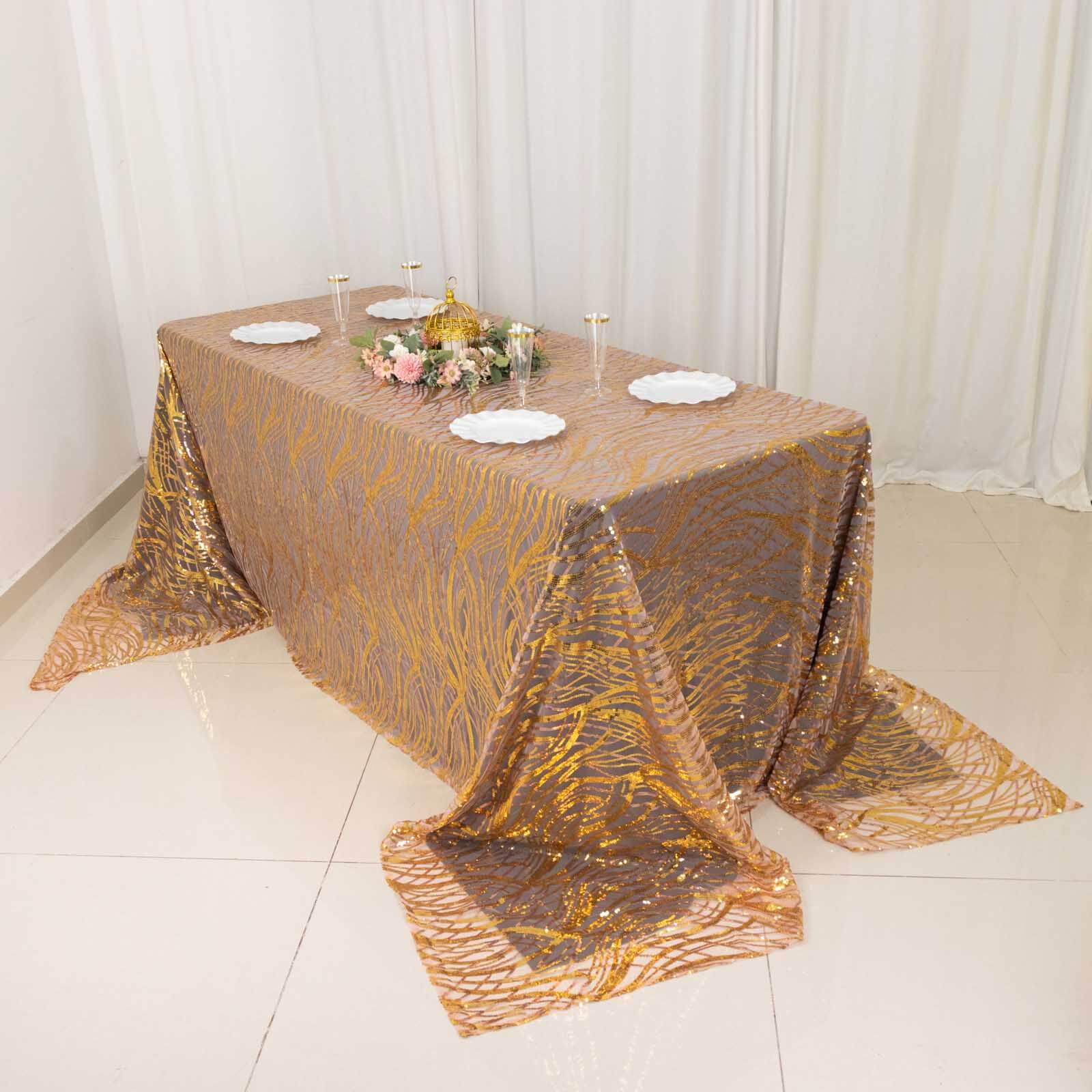 Mesh Rectangle Tablecloth 90"x156" Rose Gold/Gold - Wave Embroidered Sequin Table Cover - Image 3