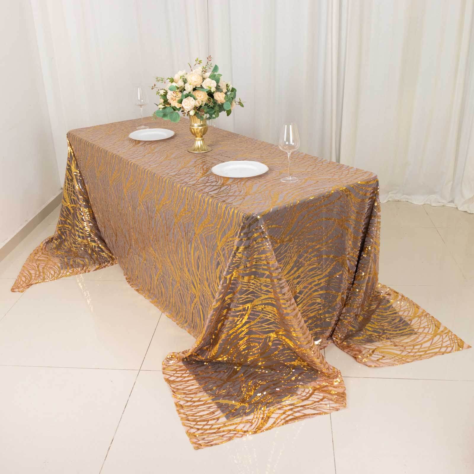 Mesh Rectangle Tablecloth 90"x156" Rose Gold/Gold - Wave Embroidered Sequin Table Cover - Image 4