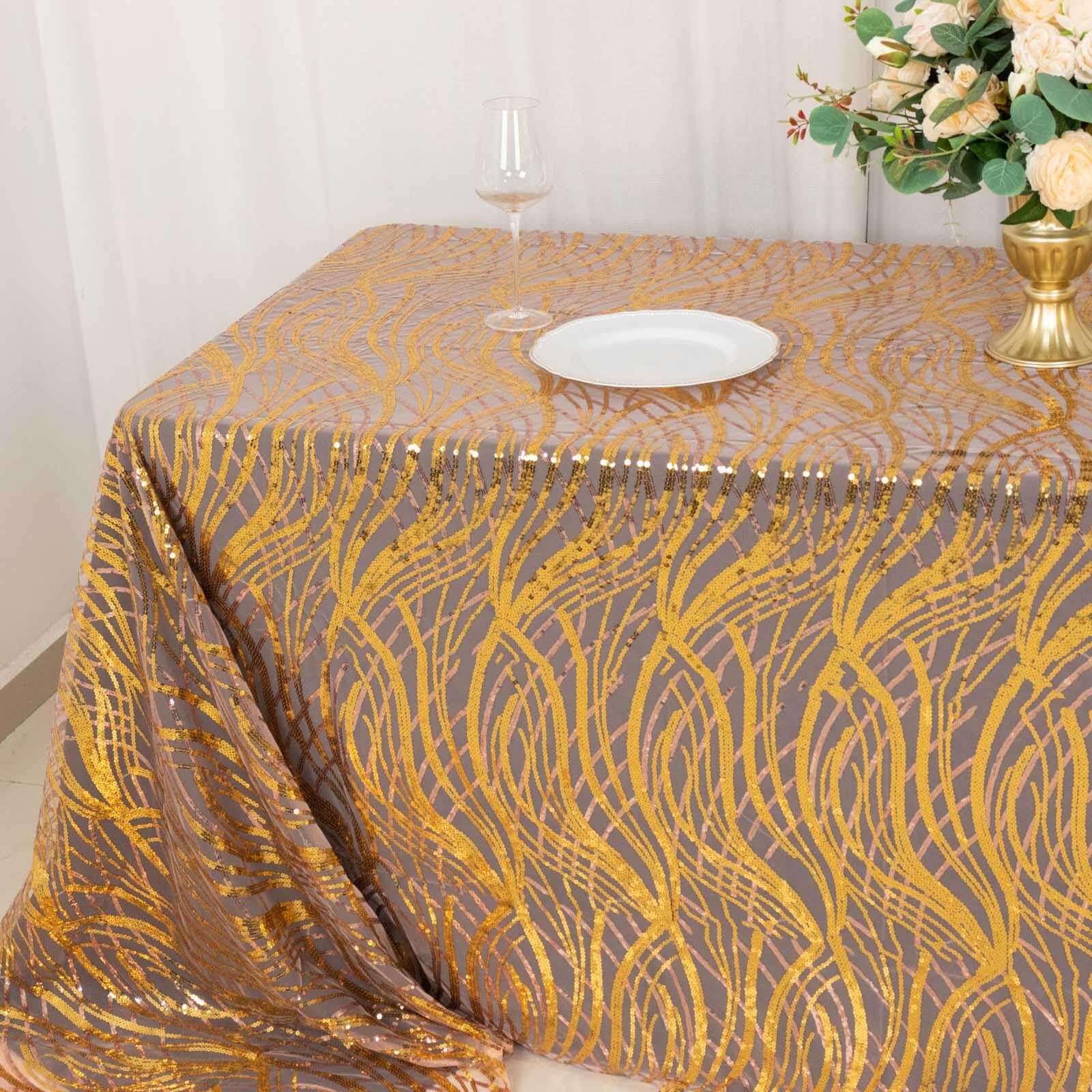 Mesh Rectangle Tablecloth 90"x156" Rose Gold/Gold - Wave Embroidered Sequin Table Cover - Image 5