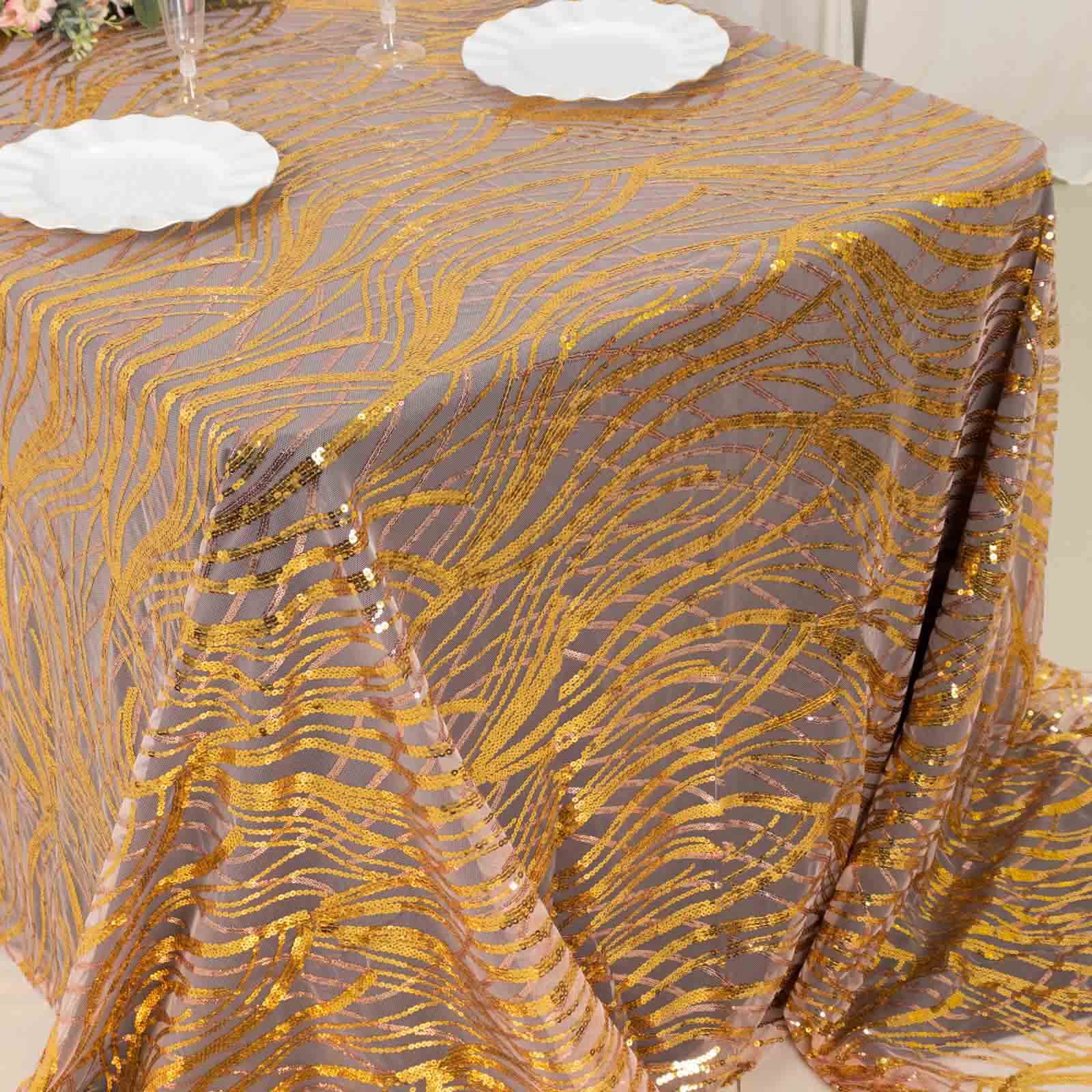 Mesh Rectangle Tablecloth 90"x156" Rose Gold/Gold - Wave Embroidered Sequin Table Cover - Image 7