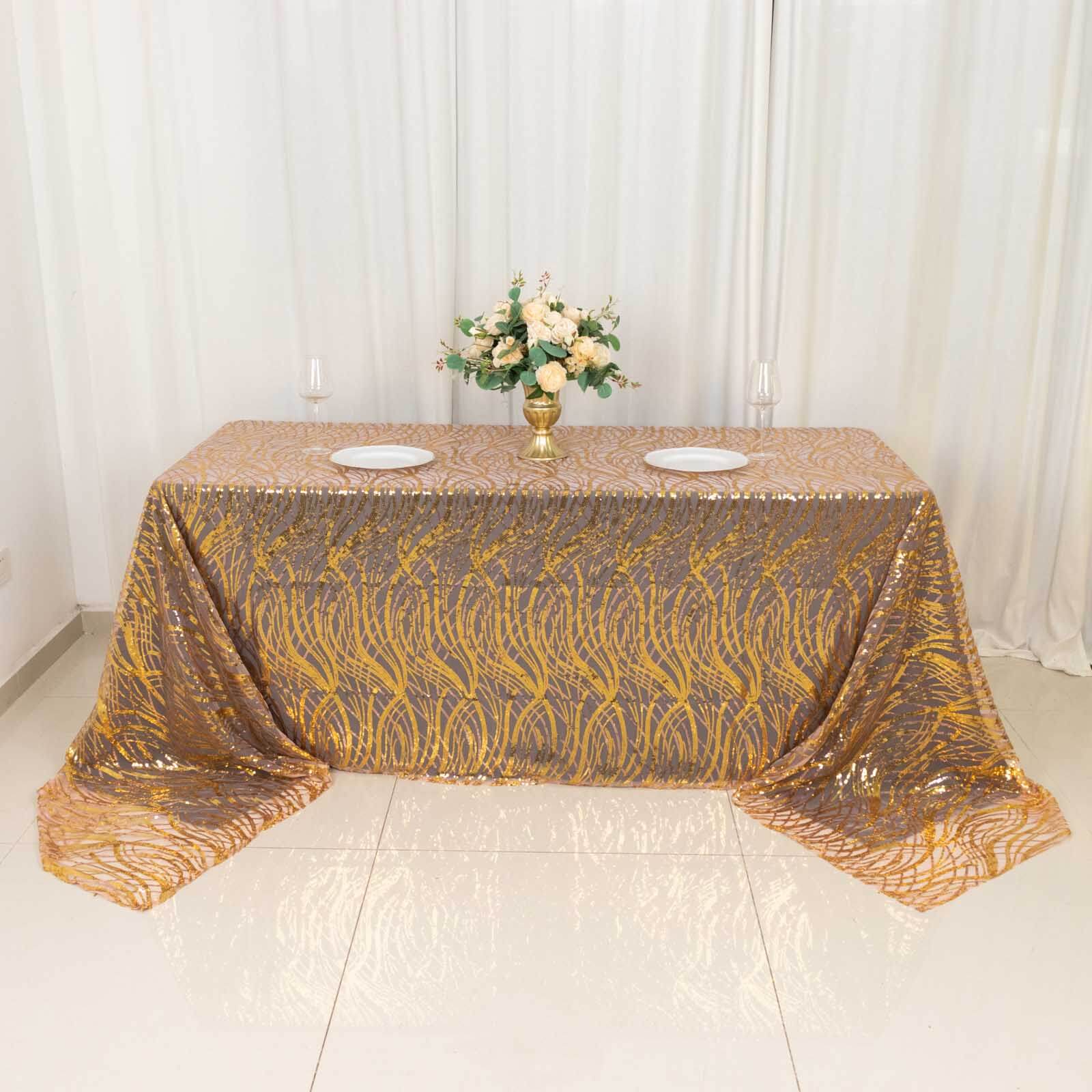 Mesh Rectangle Tablecloth 90"x156" Rose Gold/Gold - Wave Embroidered Sequin Table Cover - Image 8