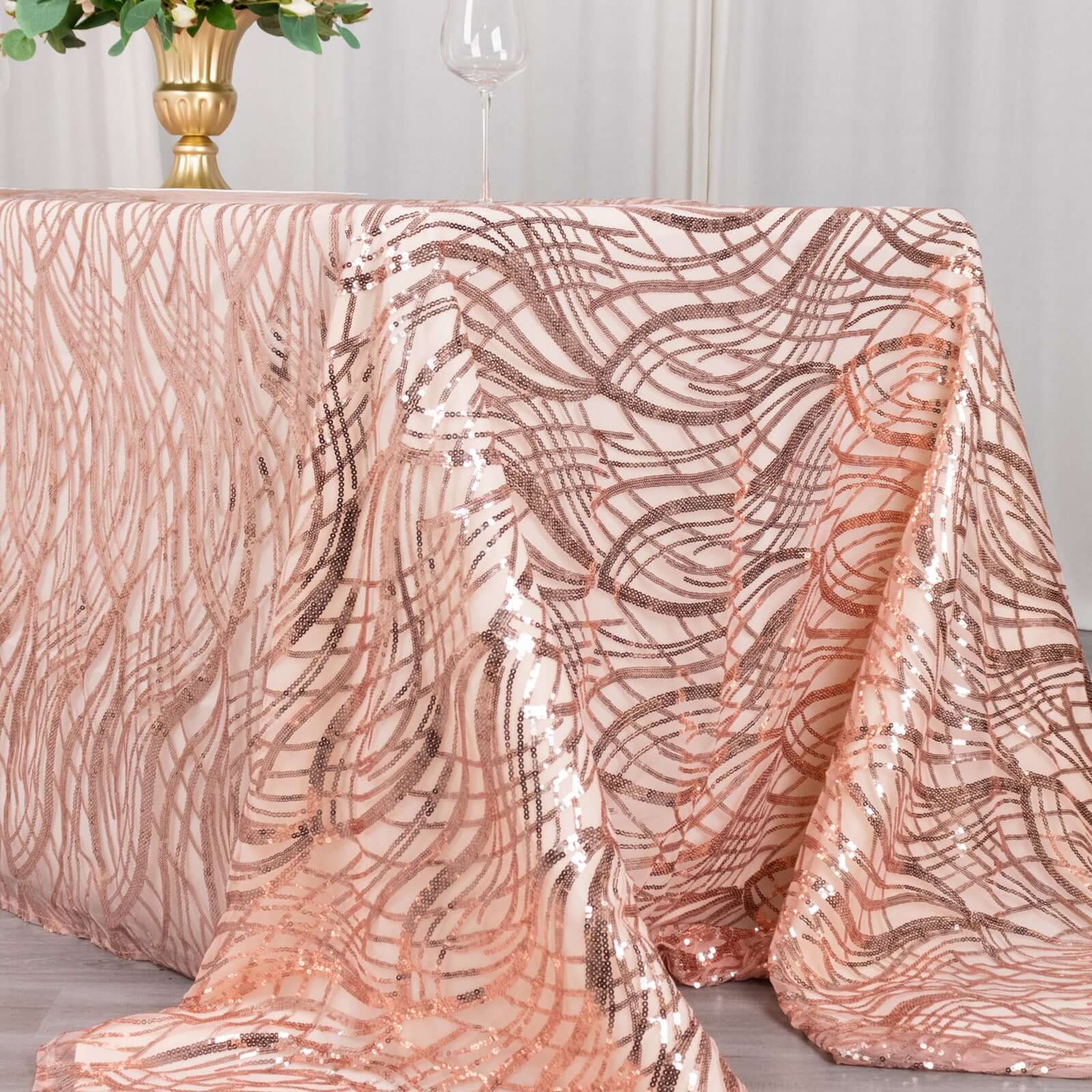 Mesh Rectangle Tablecloth 90"x156" Rose Gold - Wave Embroidered Sequin Table Cover - Image 10