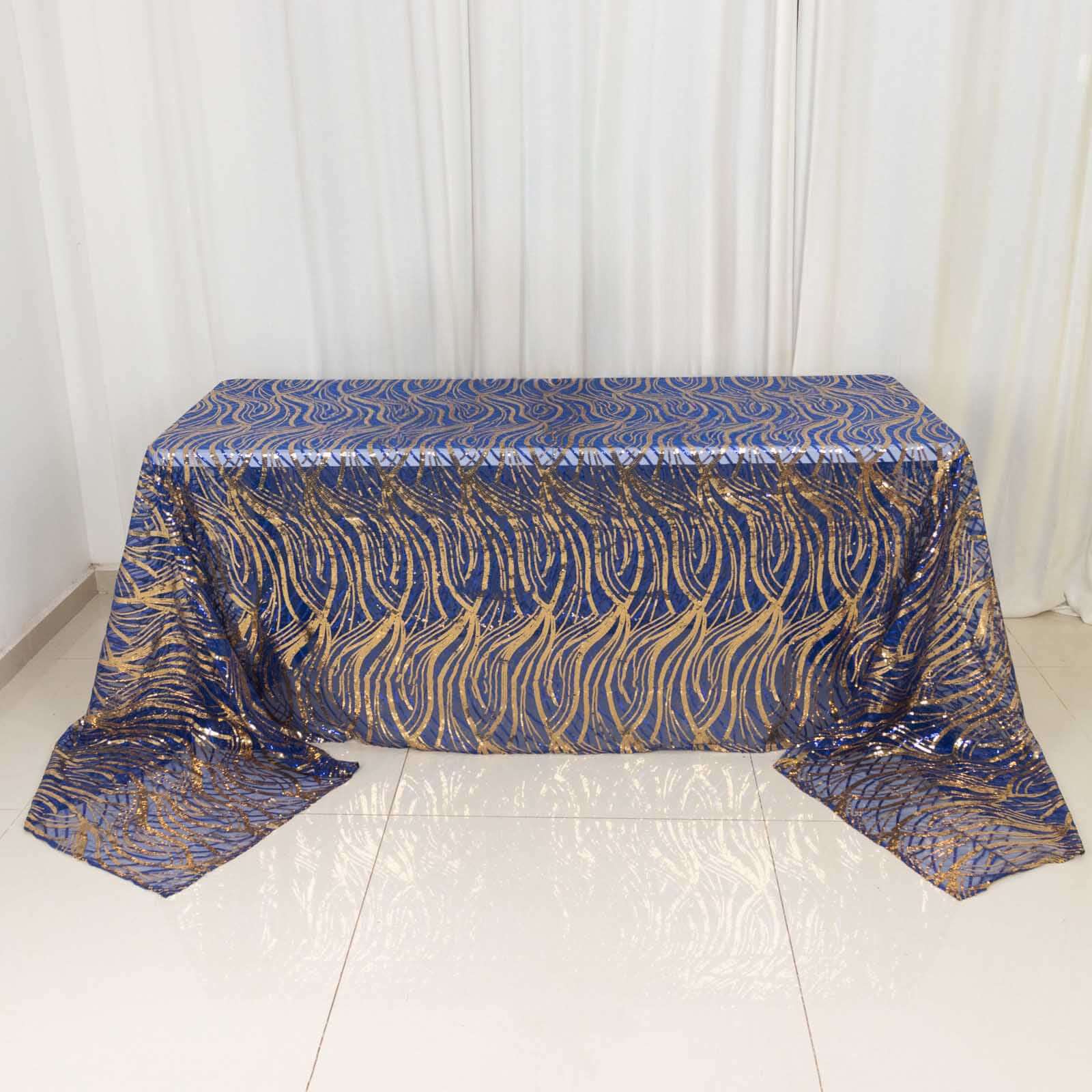 Mesh Rectangle Tablecloth 90"x156" Royal Blue Gold - Wave Embroidered Sequin Table Cover