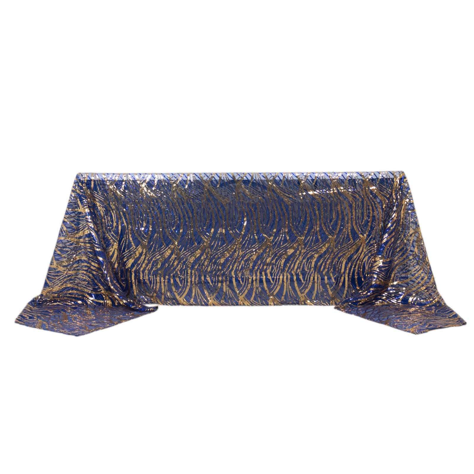 Mesh Rectangle Tablecloth 90"x156" Royal Blue Gold - Wave Embroidered Sequin Table Cover - Image 5