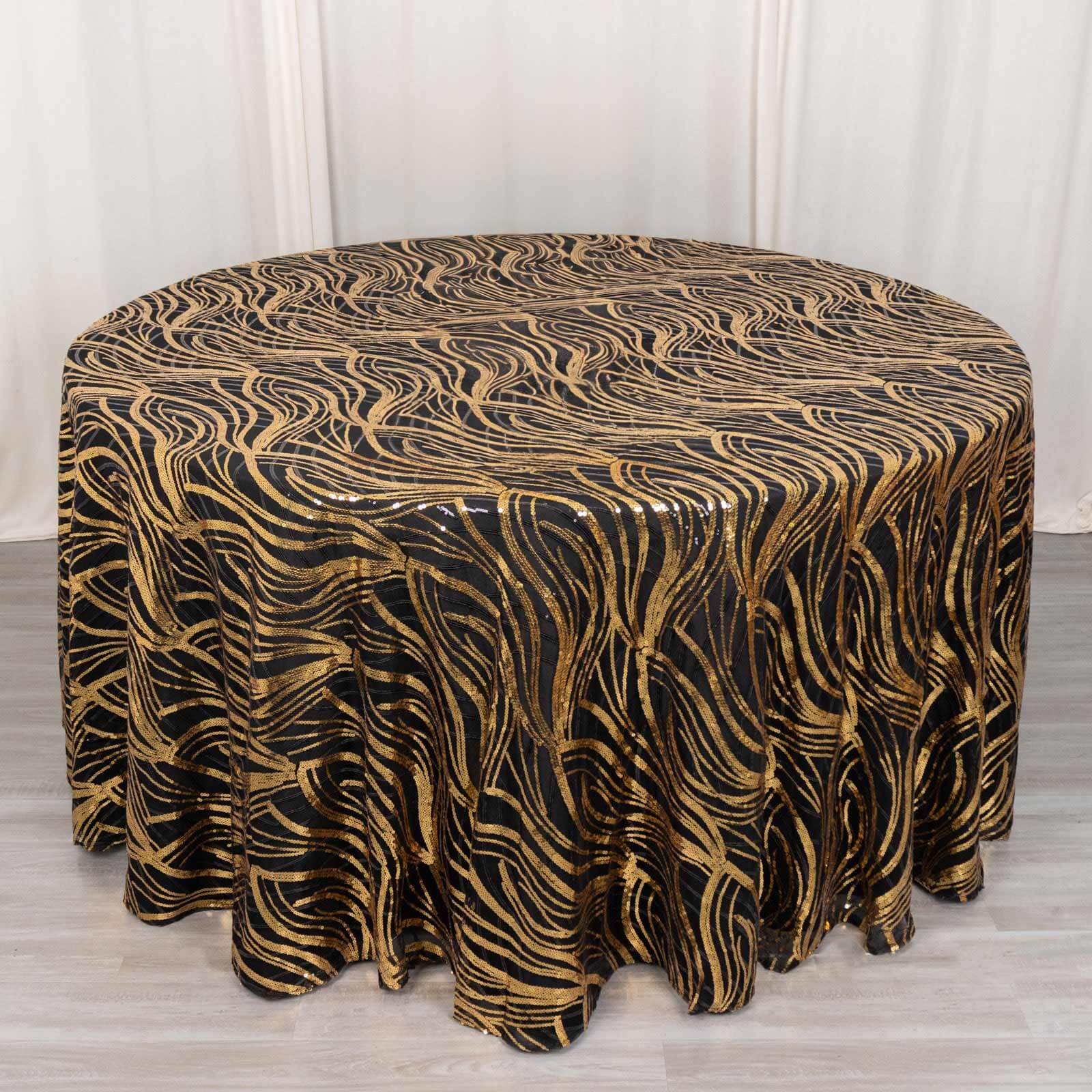 Mesh Round Tablecloth 120" Black Gold - Wave Embroidered Sequin Table Cover