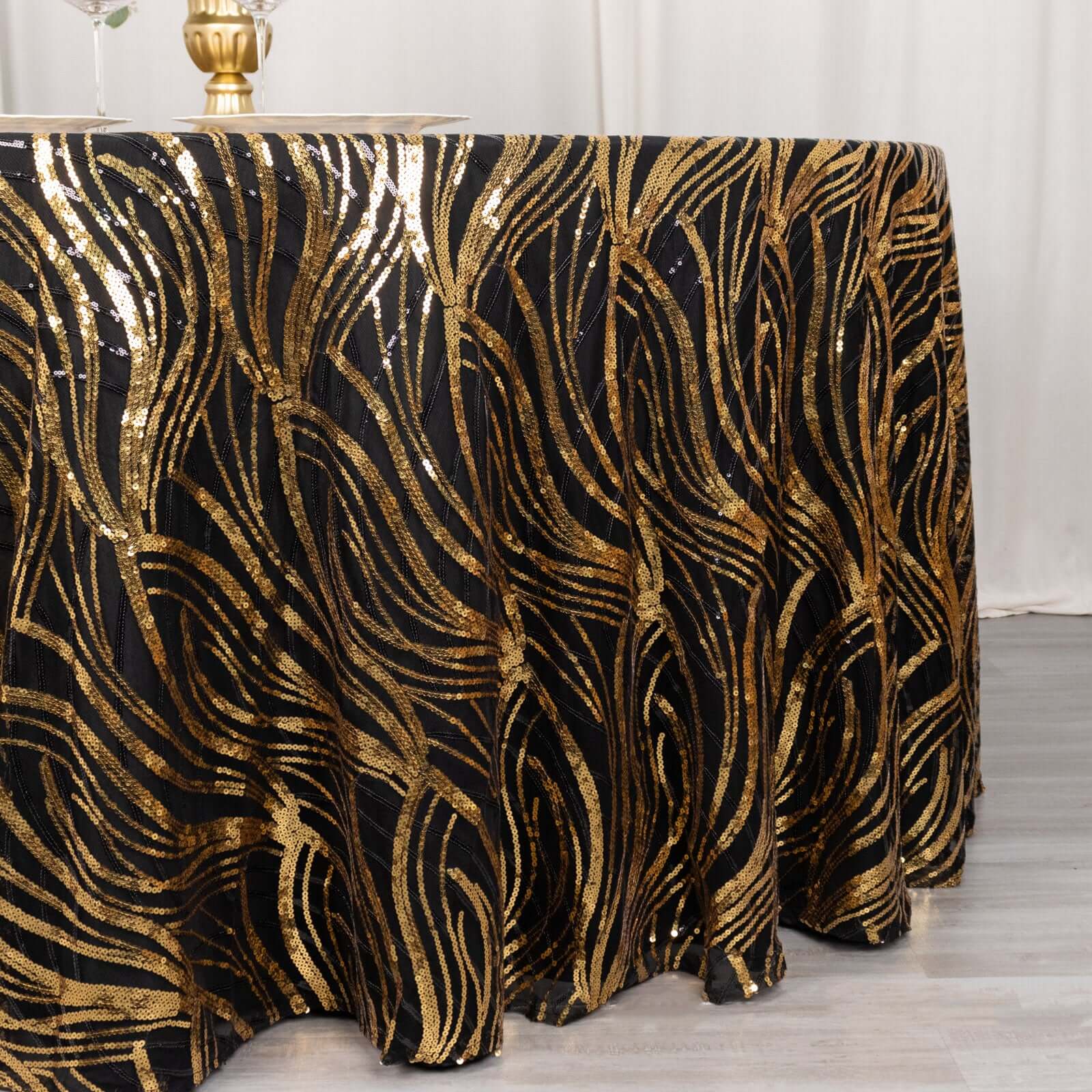 Mesh Round Tablecloth 120" Black Gold - Wave Embroidered Sequin Table Cover - Image 2