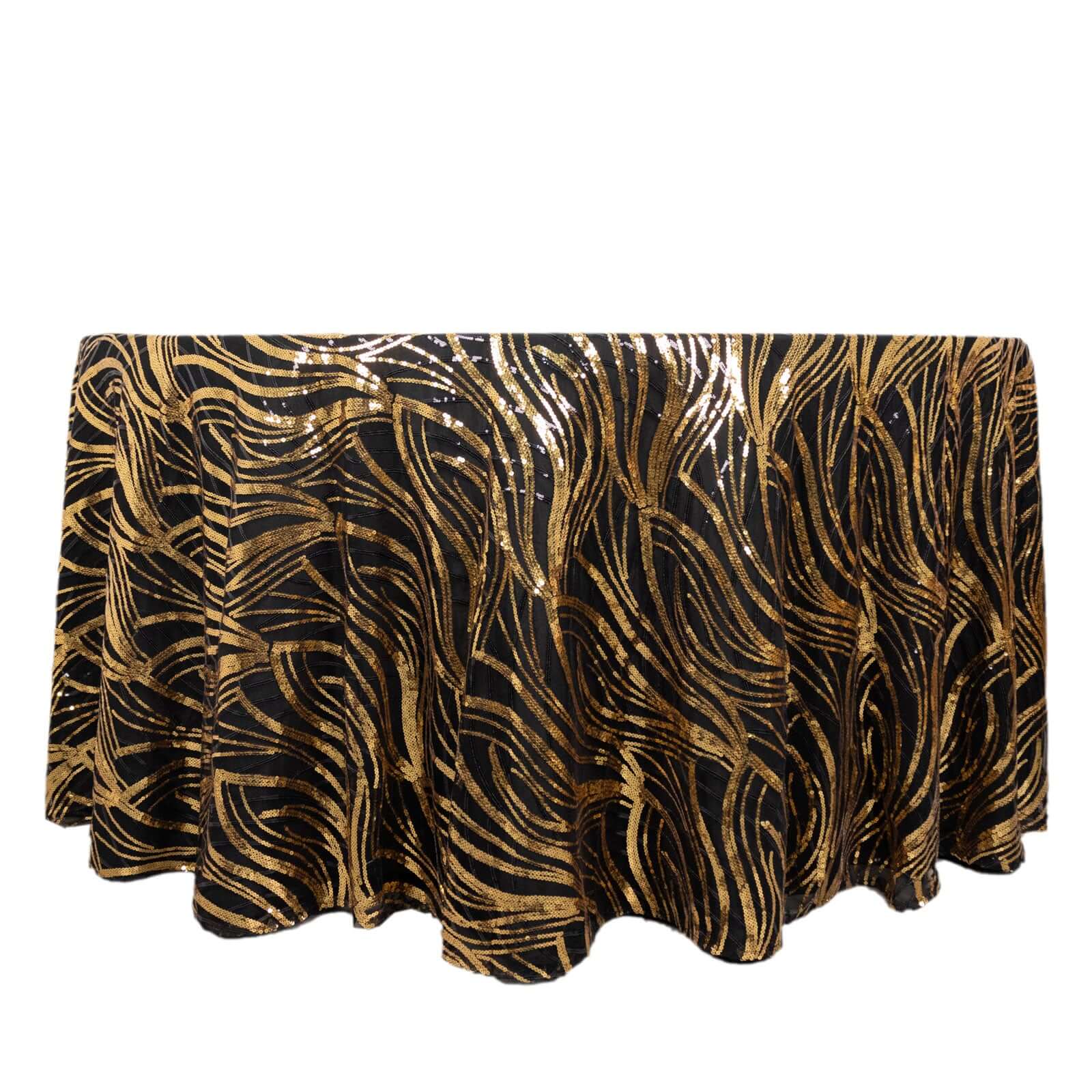Mesh Round Tablecloth 120" Black Gold - Wave Embroidered Sequin Table Cover - Image 6
