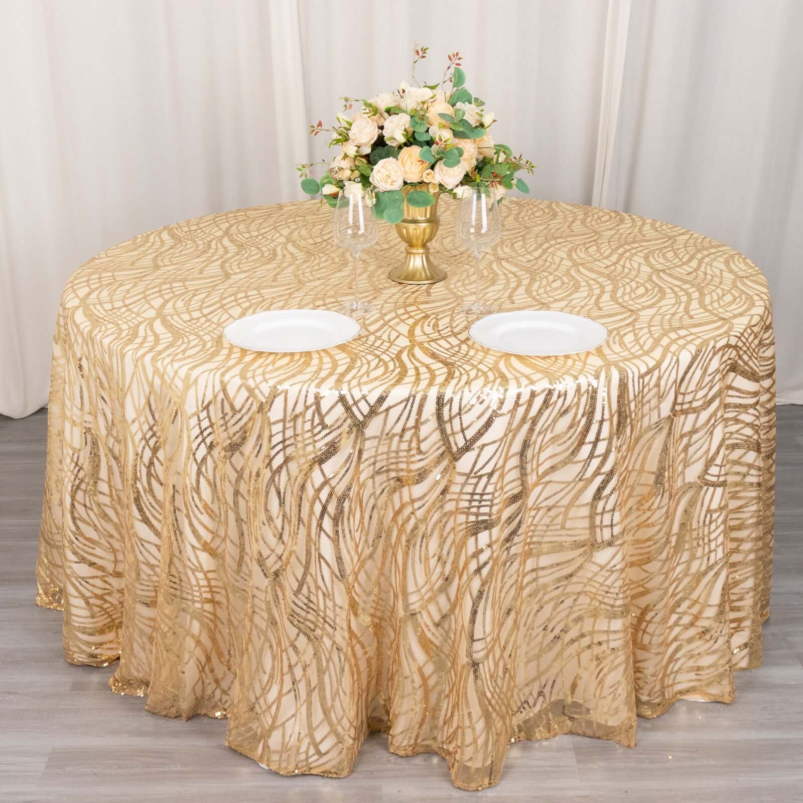 Mesh Round Tablecloth 120" Champagne - Wave Embroidered Sequin Table Cover - Image 3
