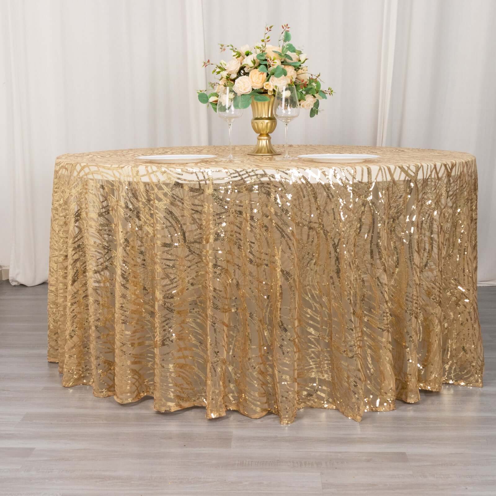 Mesh Round Tablecloth 120" Champagne - Wave Embroidered Sequin Table Cover - Image 4