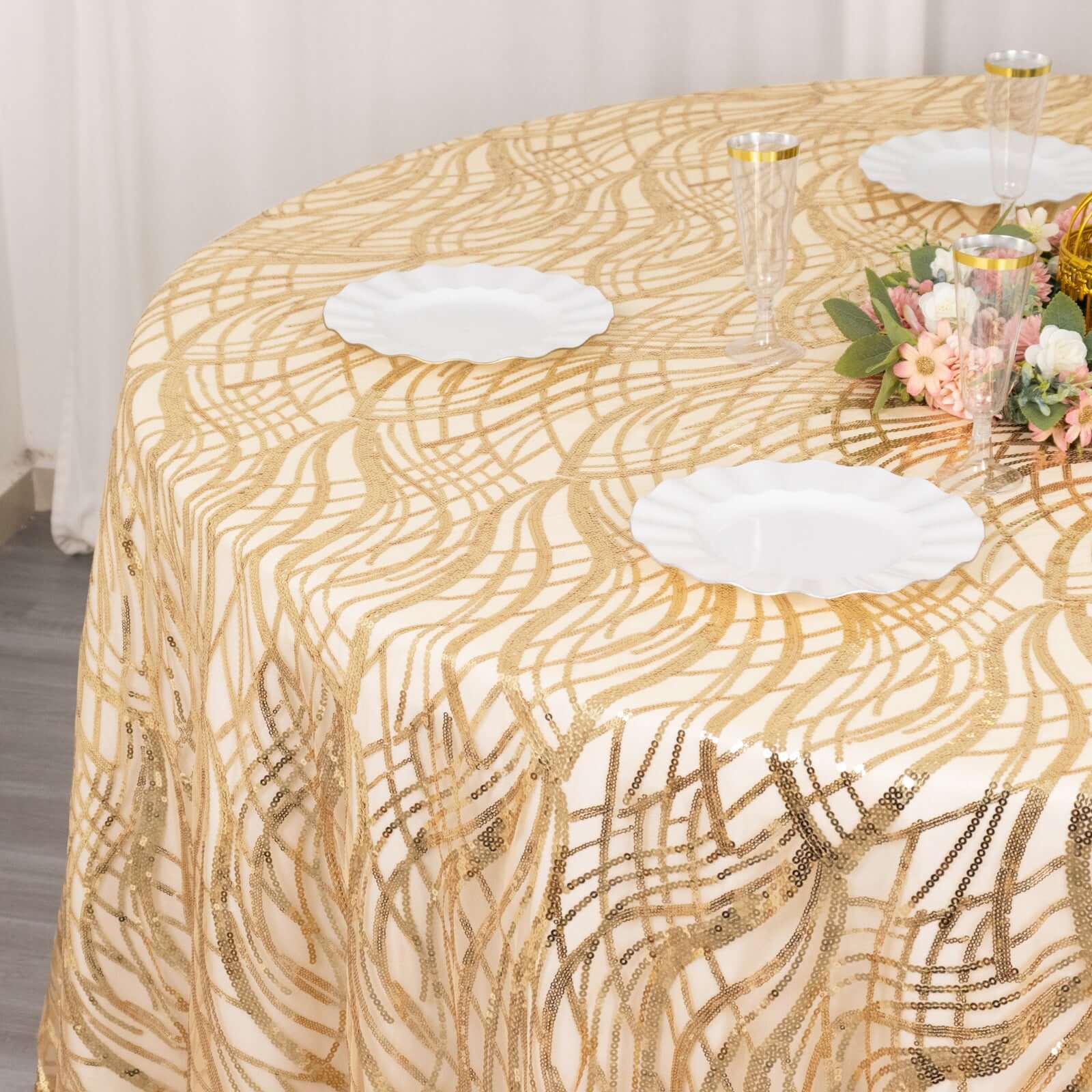 Mesh Round Tablecloth 120" Champagne - Wave Embroidered Sequin Table Cover - Image 5
