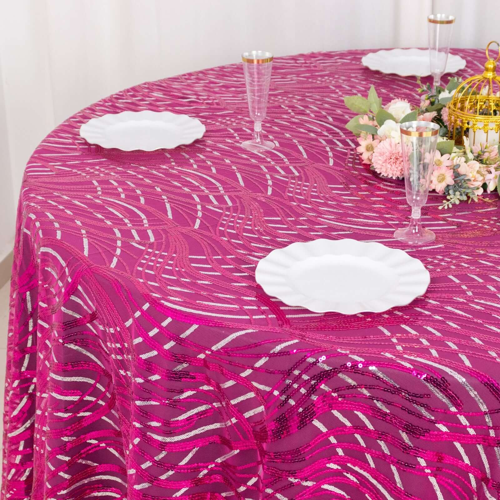Mesh Round Tablecloth 120" Fuchsia Silver - Wave Embroidered Sequin Table Cover - Image 2
