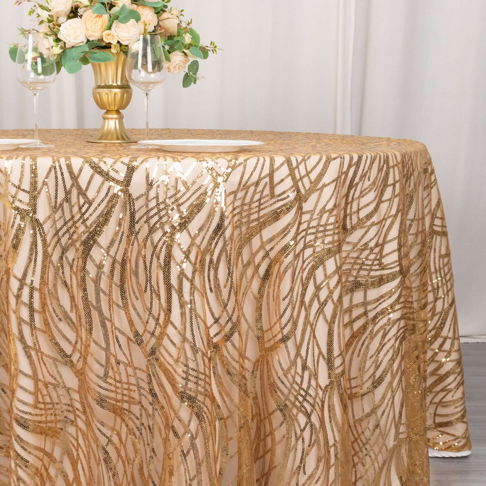 Mesh Round Tablecloth 120" Gold with Wave Embroidered Sequin Design - Seamless Glamorous Decor for Weddings - Image 2