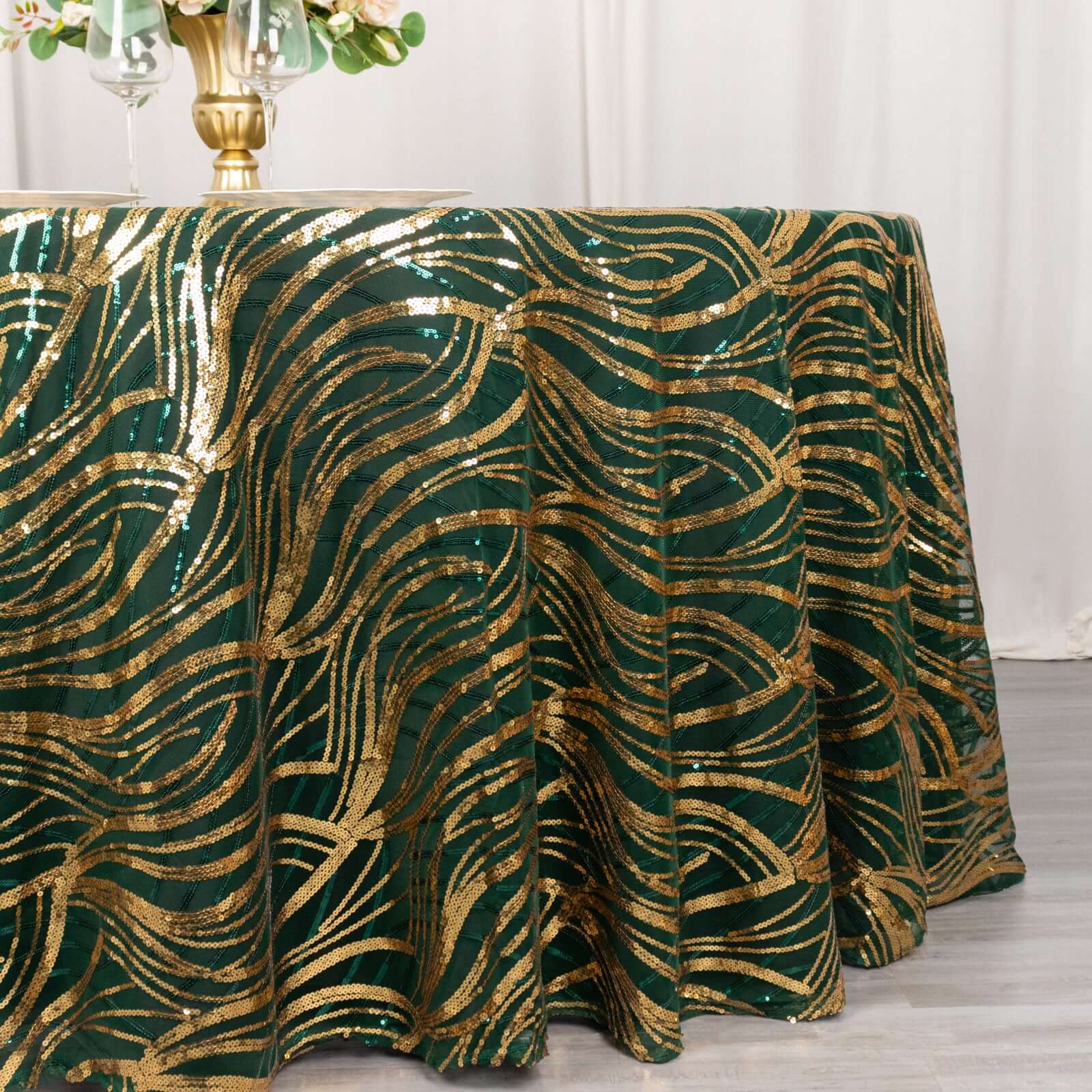 Mesh Round Tablecloth 120" Hunter Emerald Green Gold - Wave Embroidered Sequin Table Cover - Image 2