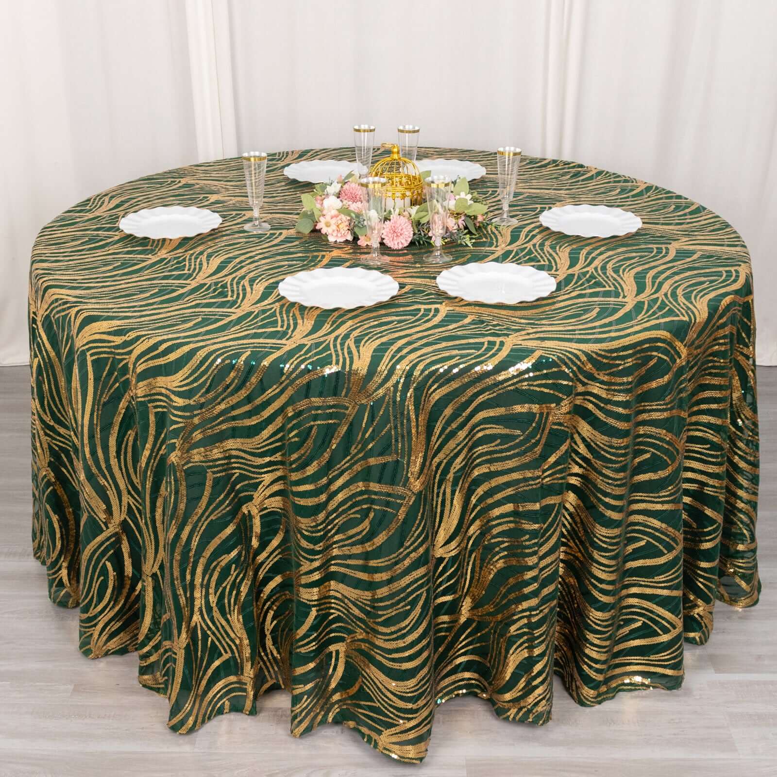 Mesh Round Tablecloth 120" Hunter Emerald Green Gold - Wave Embroidered Sequin Table Cover - Image 3