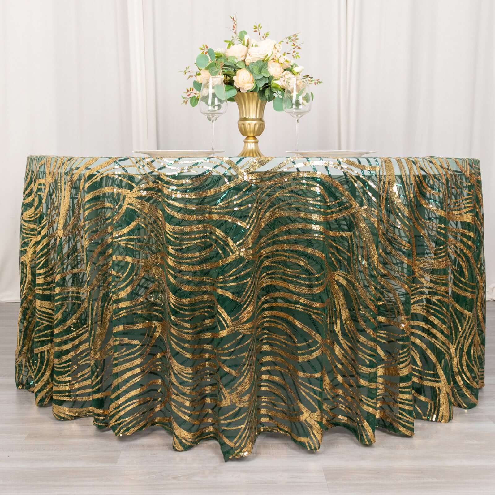 Mesh Round Tablecloth 120" Hunter Emerald Green Gold - Wave Embroidered Sequin Table Cover - Image 4
