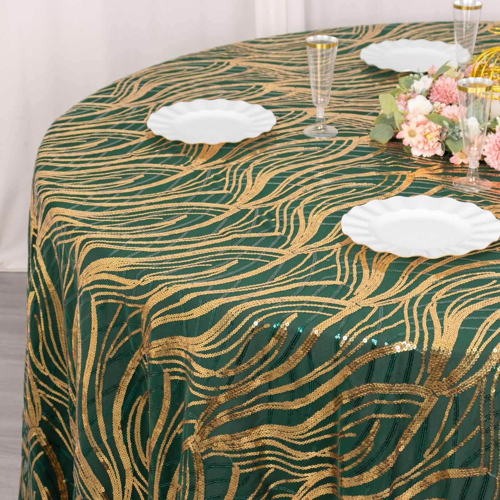 Mesh Round Tablecloth 120" Hunter Emerald Green Gold - Wave Embroidered Sequin Table Cover - Image 5
