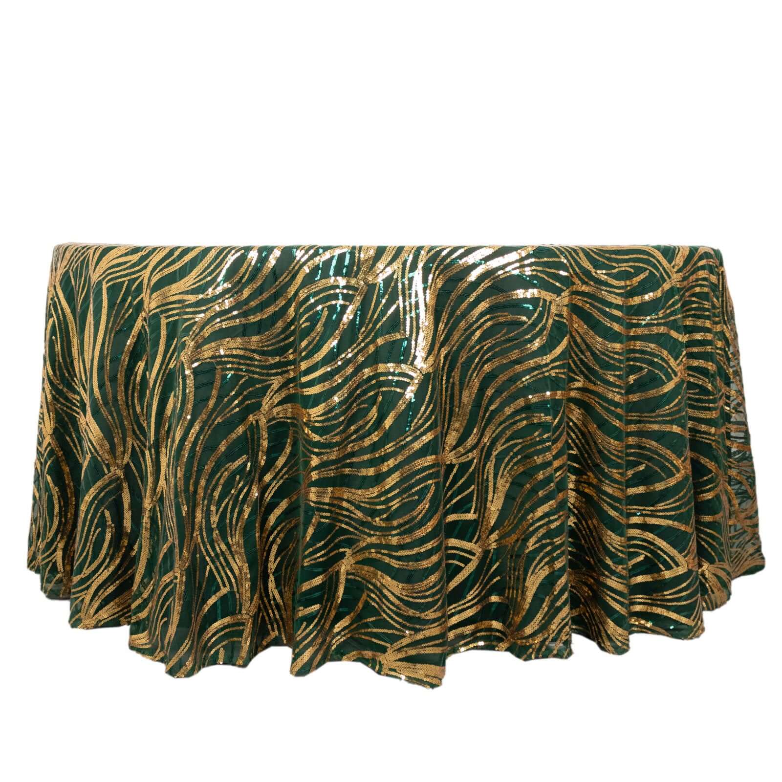 Mesh Round Tablecloth 120" Hunter Emerald Green Gold - Wave Embroidered Sequin Table Cover - Image 6