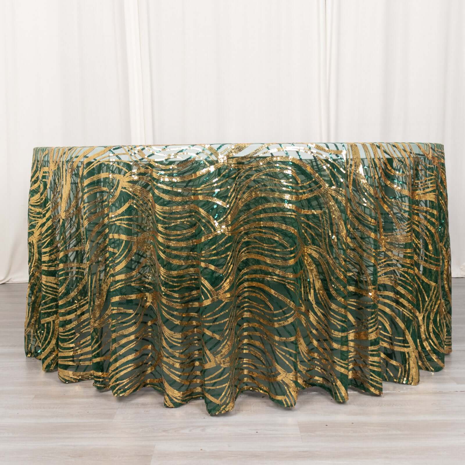 Mesh Round Tablecloth 120" Hunter Emerald Green Gold - Wave Embroidered Sequin Table Cover - Image 7