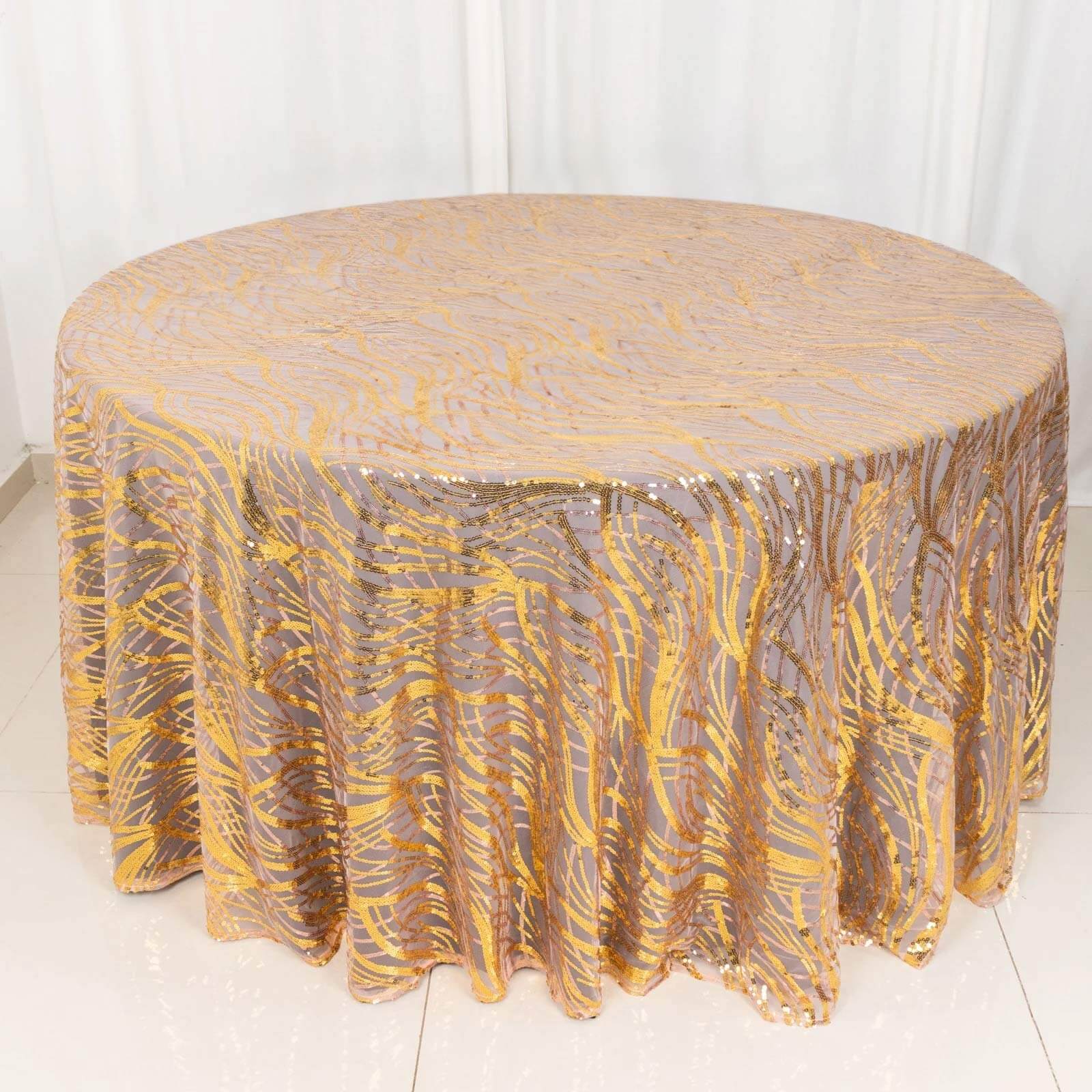 Mesh Round Tablecloth 120" Rose Gold/Gold - Wave Embroidered Sequin Table Cover