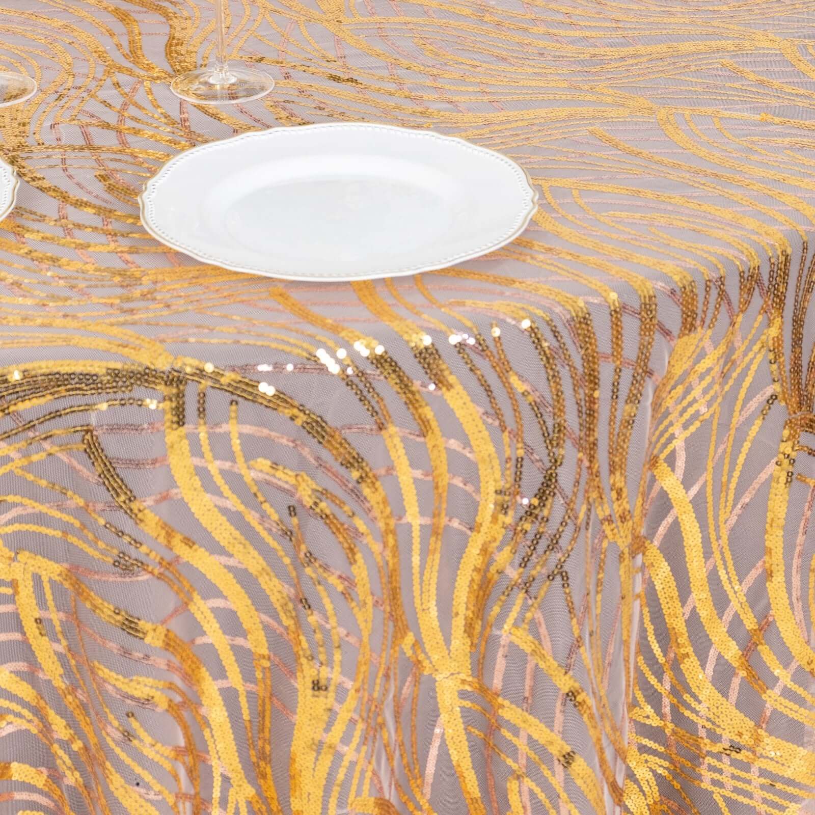 Mesh Round Tablecloth 120" Rose Gold/Gold - Wave Embroidered Sequin Table Cover - Image 2