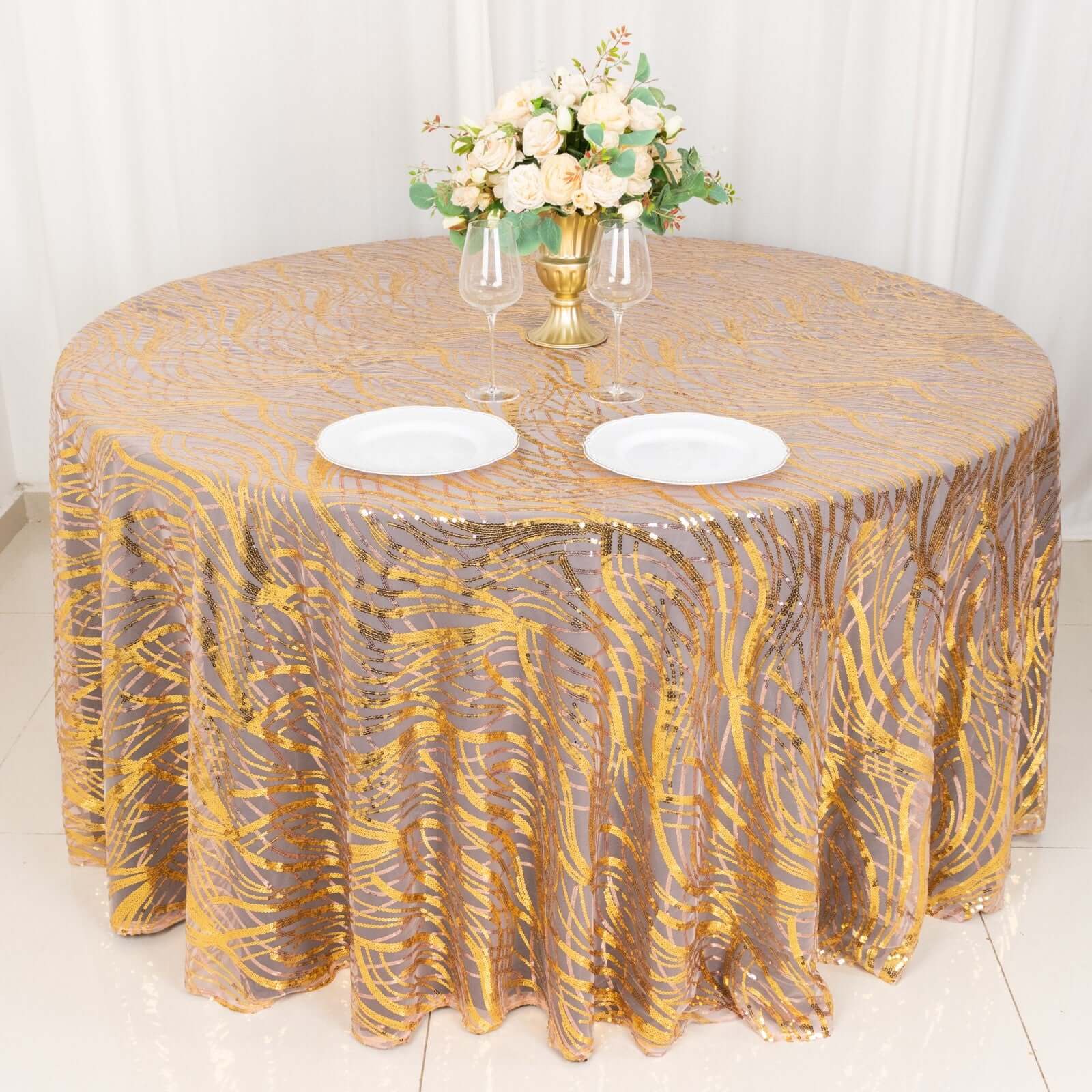 Mesh Round Tablecloth 120" Rose Gold/Gold - Wave Embroidered Sequin Table Cover - Image 3