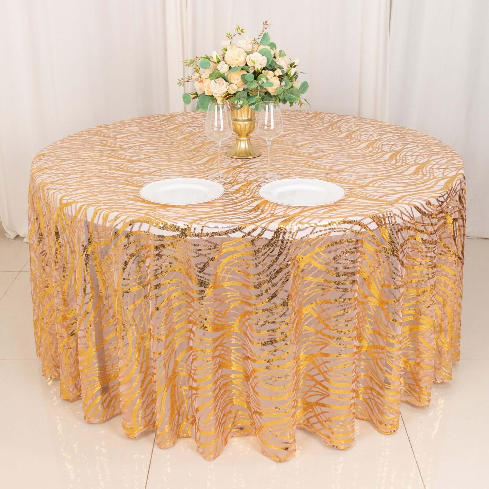 Mesh Round Tablecloth 120" Rose Gold/Gold - Wave Embroidered Sequin Table Cover - Image 4