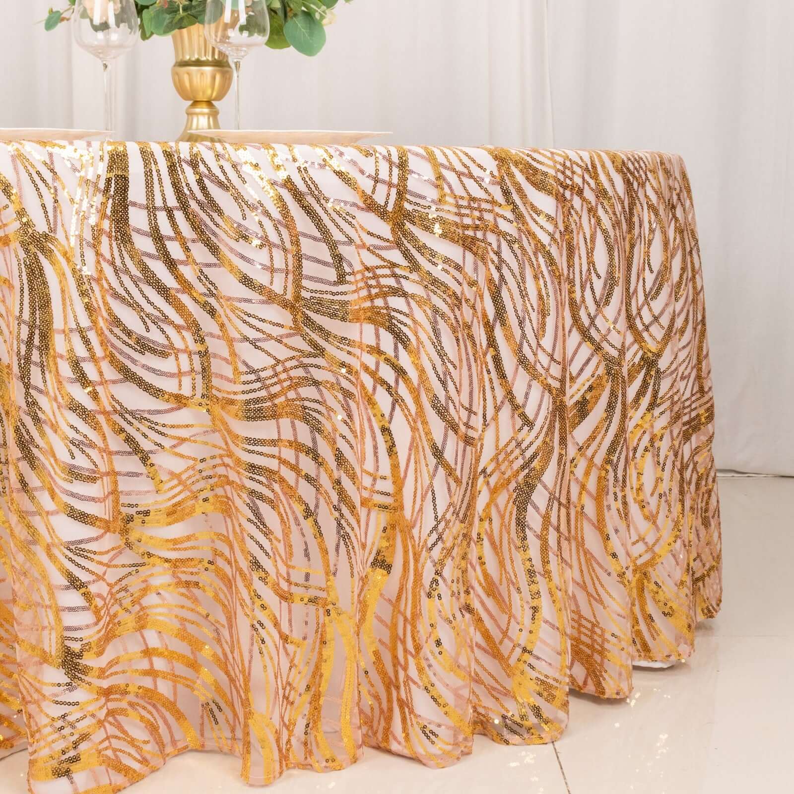 Mesh Round Tablecloth 120" Rose Gold/Gold - Wave Embroidered Sequin Table Cover - Image 5