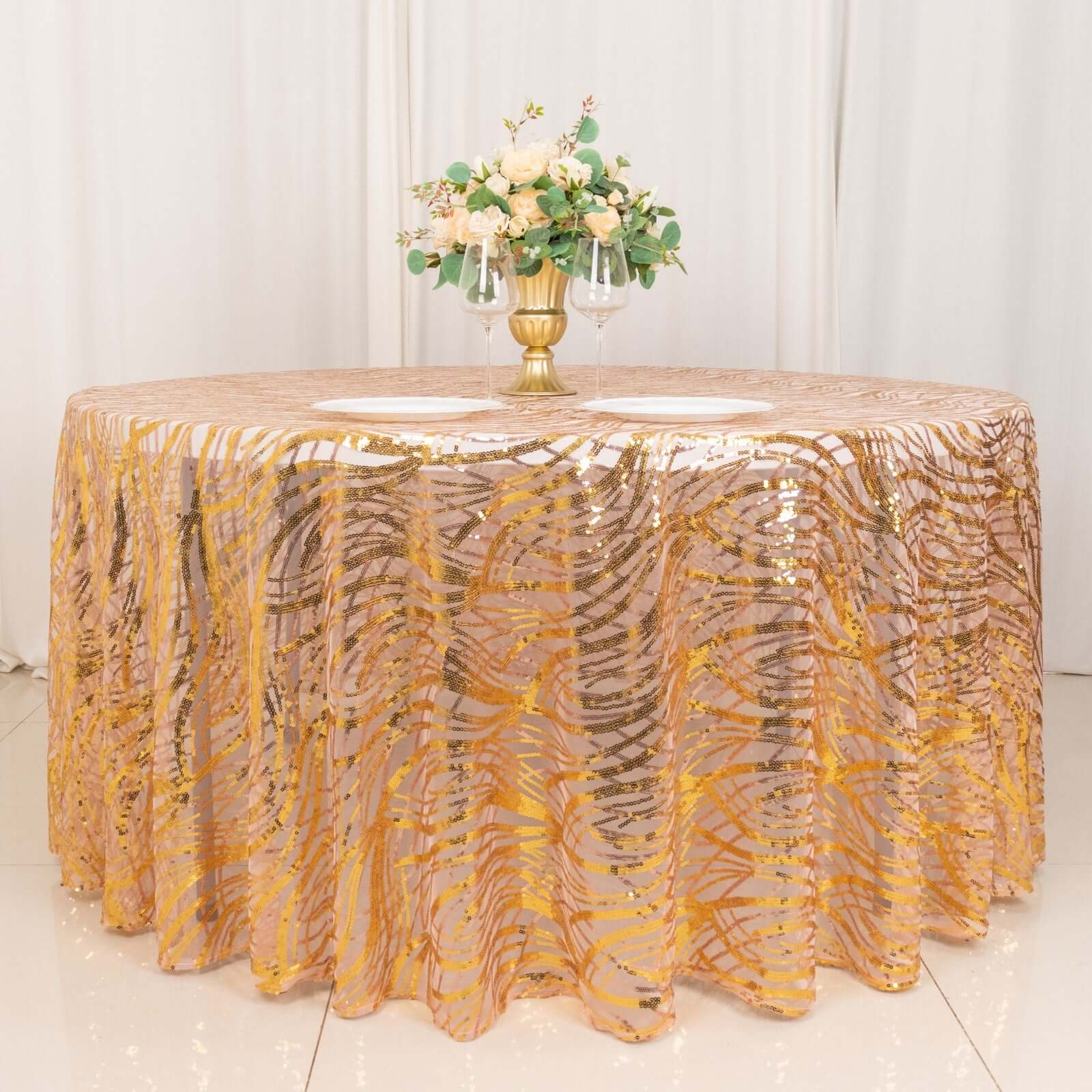 Mesh Round Tablecloth 120" Rose Gold/Gold - Wave Embroidered Sequin Table Cover - Image 6