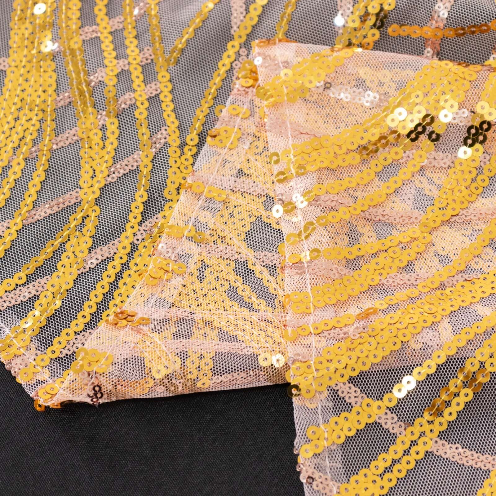 Mesh Round Tablecloth 120" Rose Gold/Gold - Wave Embroidered Sequin Table Cover - Image 8