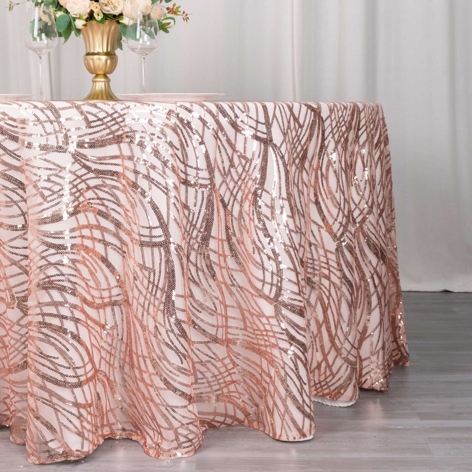 Mesh Round Tablecloth 120" Rose Gold - Wave Embroidered Sequin Table Cover - Image 2