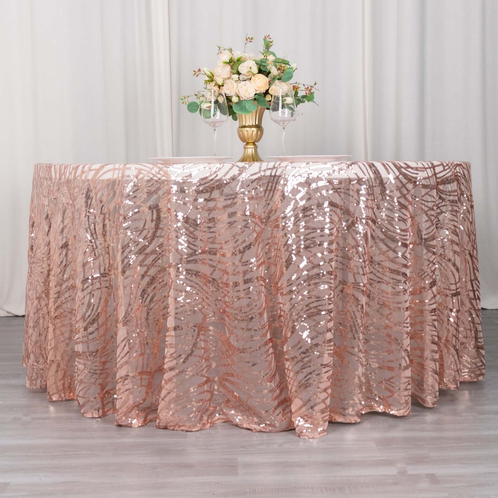 Mesh Round Tablecloth 120" Rose Gold - Wave Embroidered Sequin Table Cover - Image 4