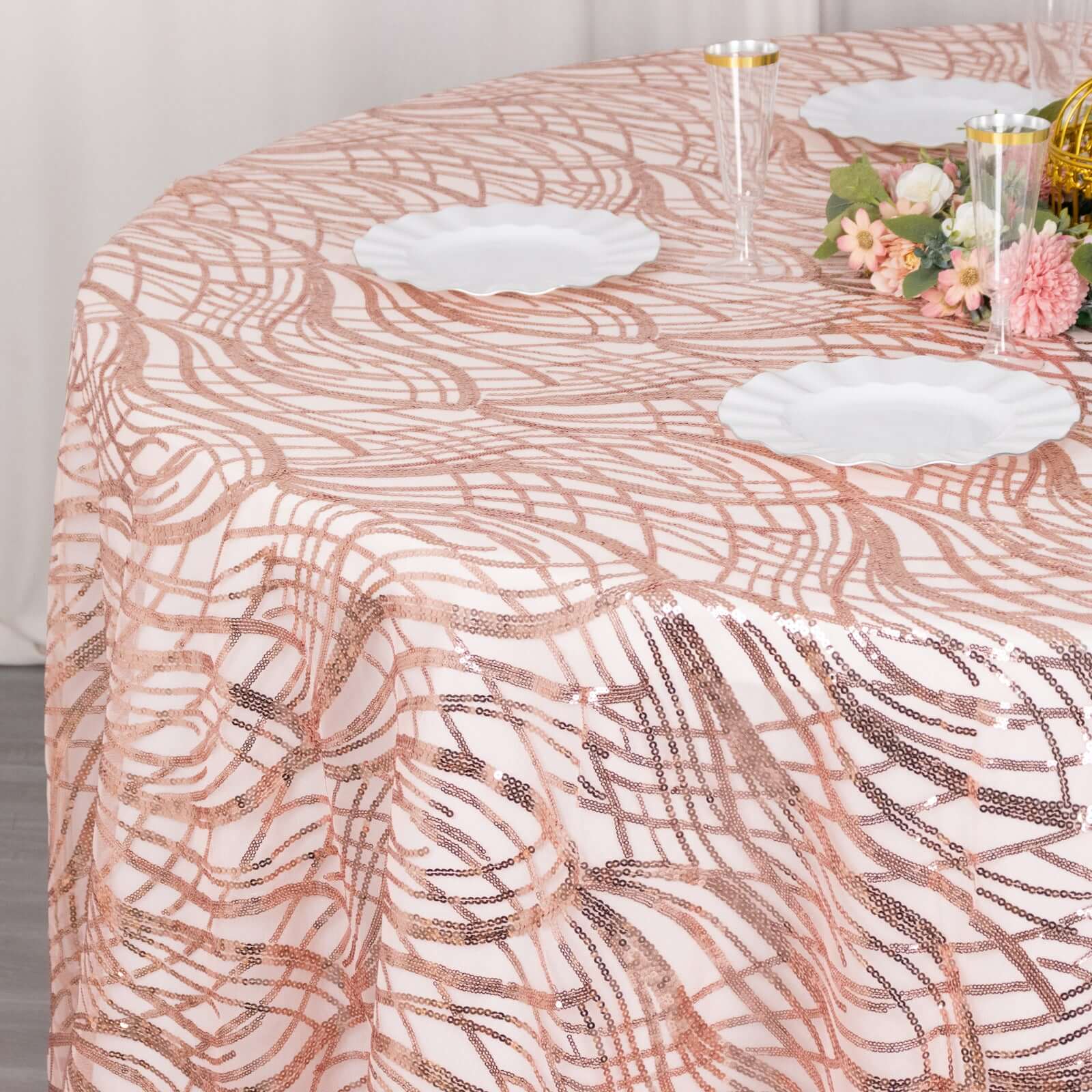 Mesh Round Tablecloth 120" Rose Gold - Wave Embroidered Sequin Table Cover - Image 5