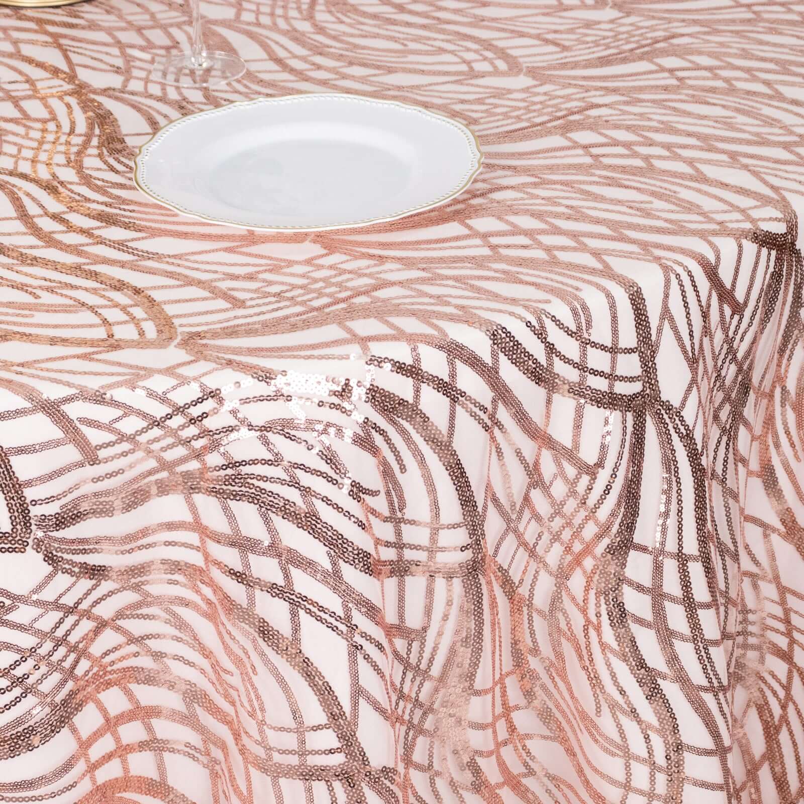 Mesh Round Tablecloth 120" Rose Gold - Wave Embroidered Sequin Table Cover - Image 6