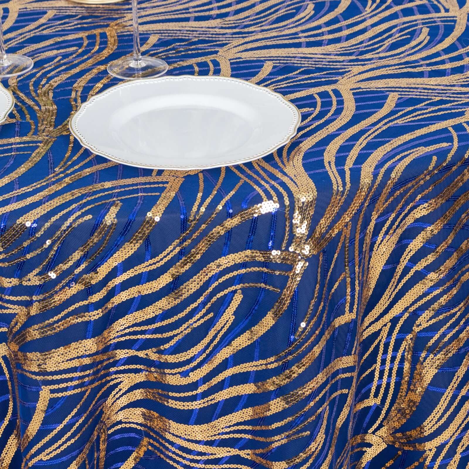 Mesh Round Tablecloth 120" Royal Blue Gold - Wave Embroidered Sequin Table Cover - Image 2
