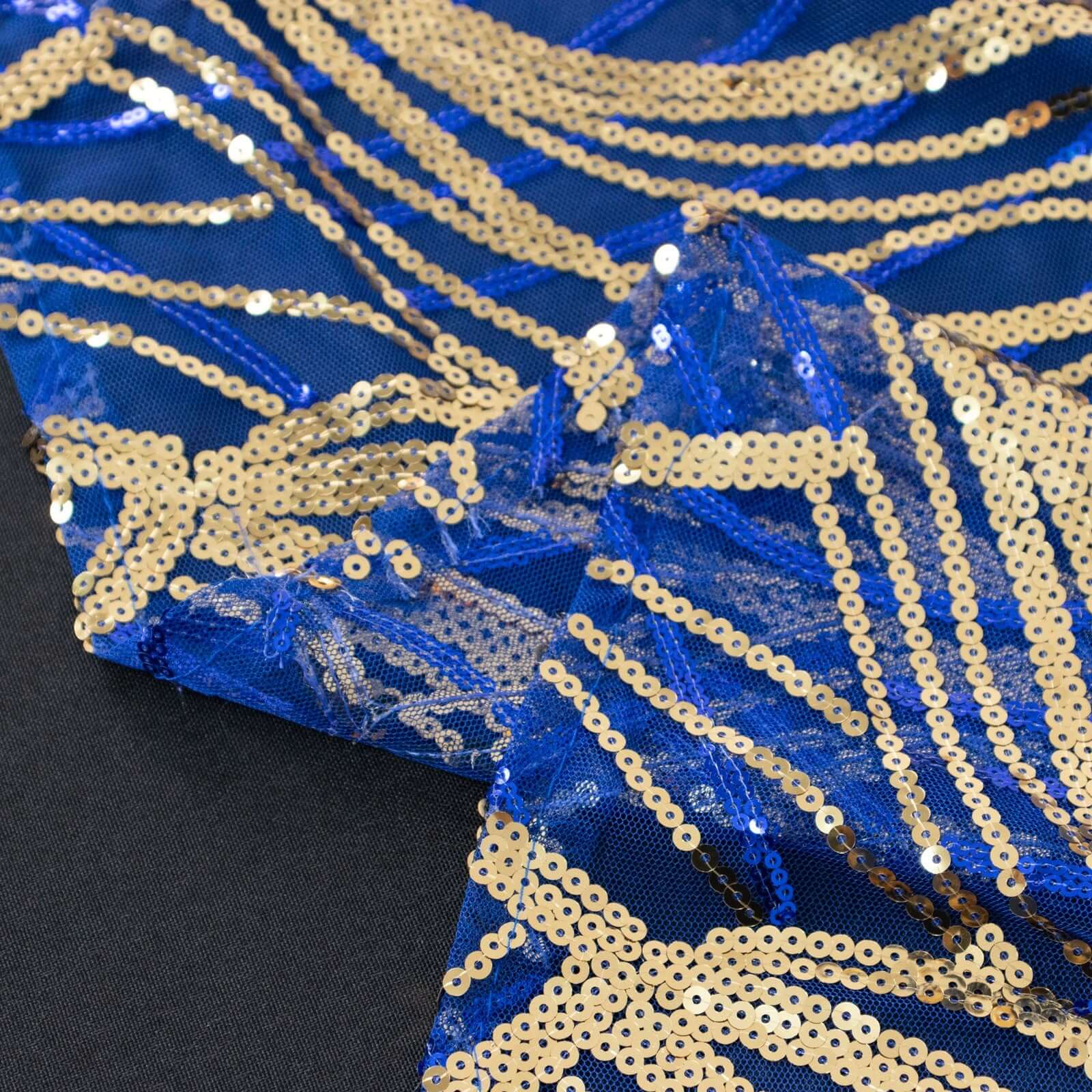 Mesh Round Tablecloth 120" Royal Blue Gold - Wave Embroidered Sequin Table Cover - Image 6