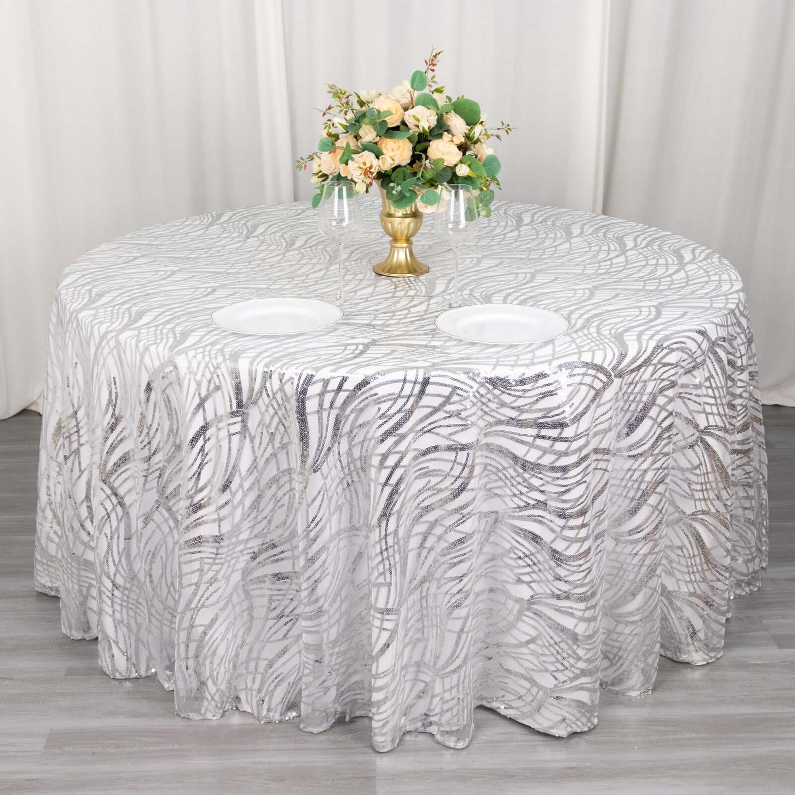 Mesh Round Tablecloth 120" Silver - Wave Embroidered Sequin Table Cover - Image 3