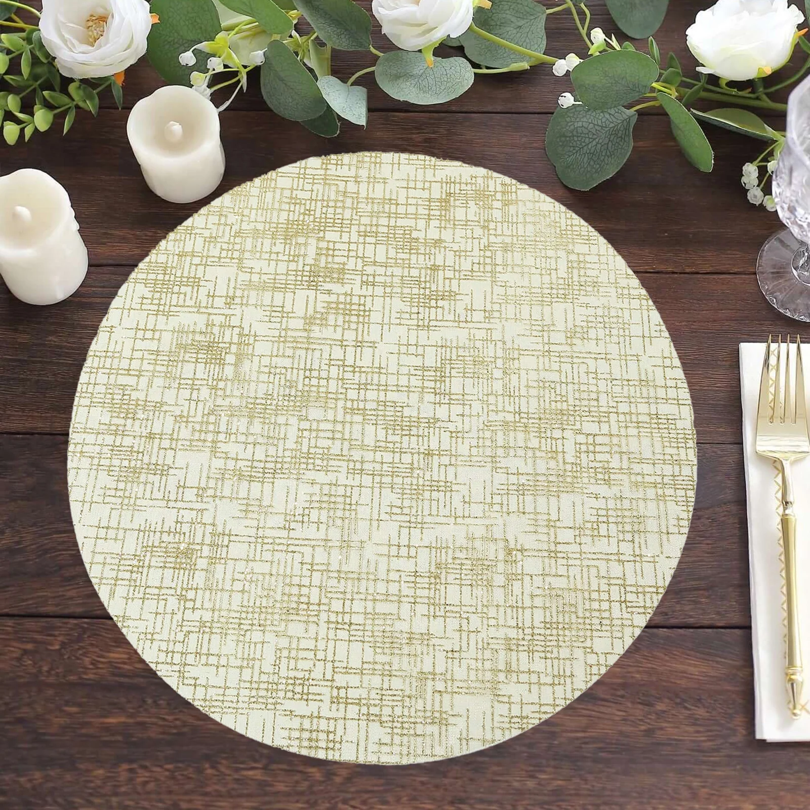 50-Pack Mesh Table Placemats 13" Round Glitter Design Metallic Gold - Polyester Disposable Dining Mats - Image 2