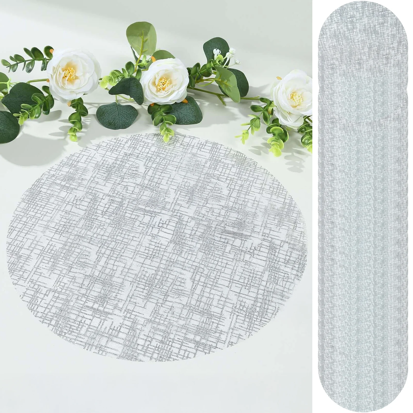 50-Pack Mesh Table Placemats 13" Round Glitter Design Metallic Silver - Polyester Disposable Dining Mats - Image 3