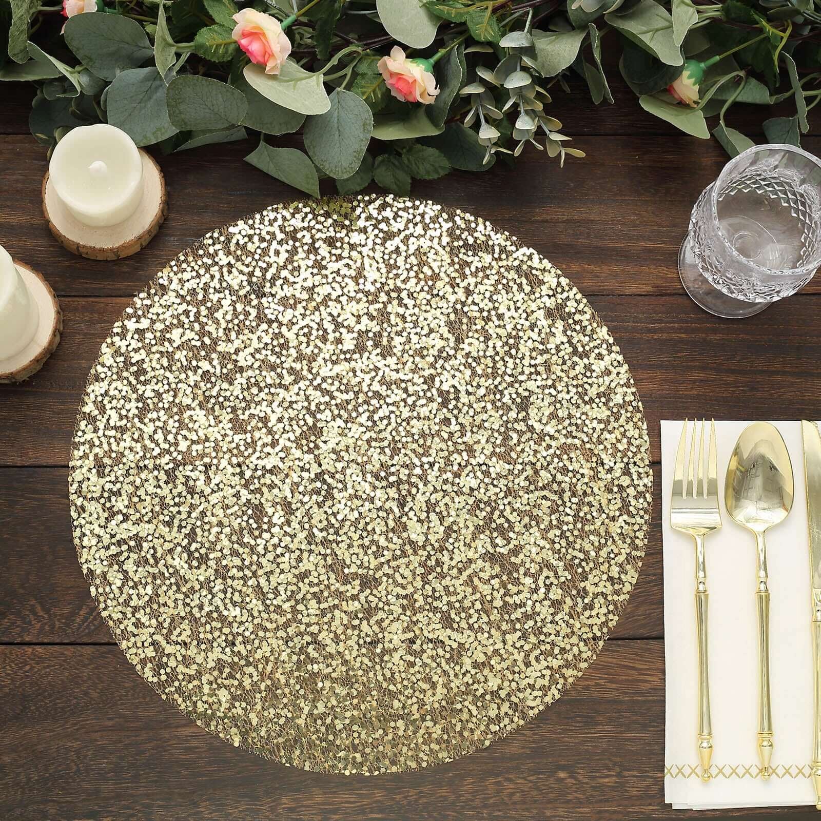50-Pack Mesh Table Placemats 13" Round Sequin Design Metallic Gold - Sparkly Dust-Free Disposable Dining Mats - Image 2