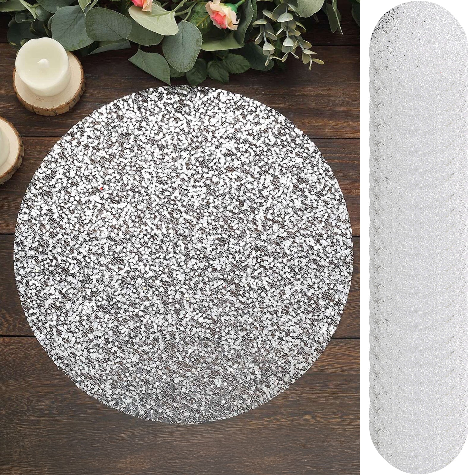 50-Pack Mesh Table Placemats 13" Round Sequin Design Metallic Silver - Sparkly Dust-Free Disposable Dining Mats