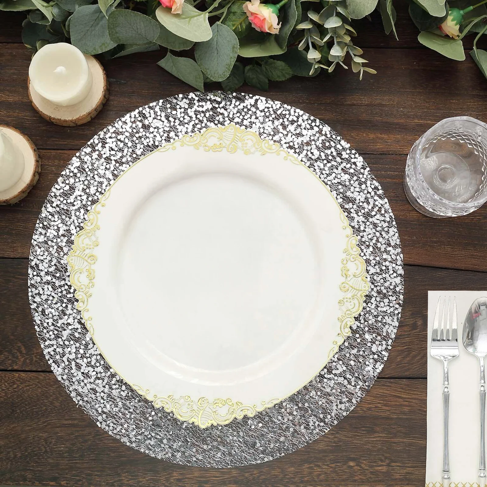 50-Pack Mesh Table Placemats 13" Round Sequin Design Metallic Silver - Sparkly Dust-Free Disposable Dining Mats - Image 4