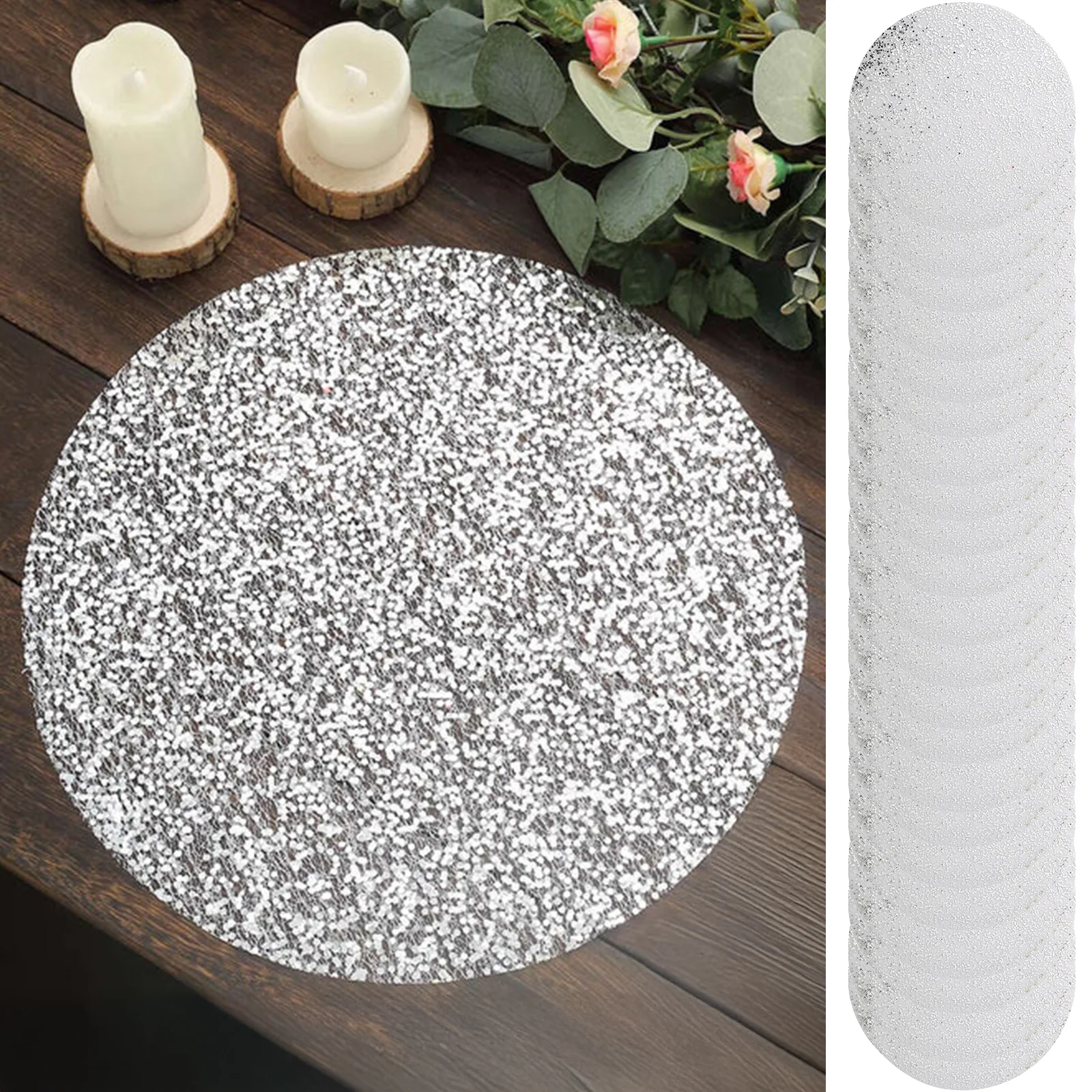 50-Pack Mesh Table Placemats 13" Round Sequin Design Metallic Silver - Sparkly Dust-Free Disposable Dining Mats - Image 6