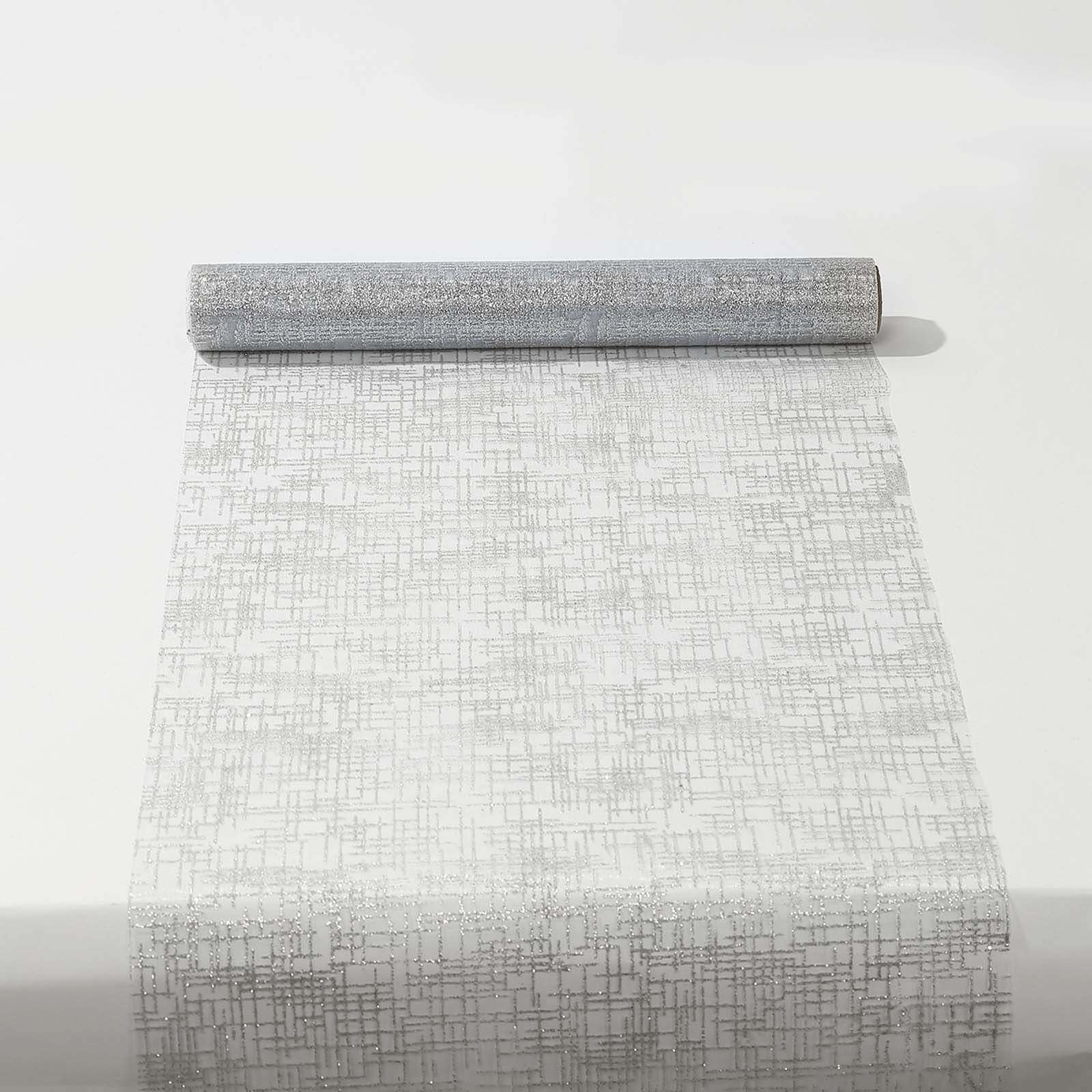 Mesh Table Runner 11"x108" Metallic Silver with Glitter Design - Sparkling Disposable Table Decor - Image 4